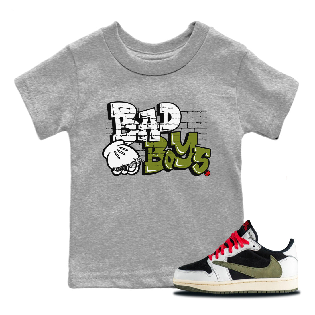 Air Jordan 1 Travis Scott Olive Sneaker Match Tees Bad Boys Streetwear Sneaker Shirt Air Jordan 1 Low x Travis Scott x Olive Sneaker Release Tees Kids Shirts Heather Grey 1