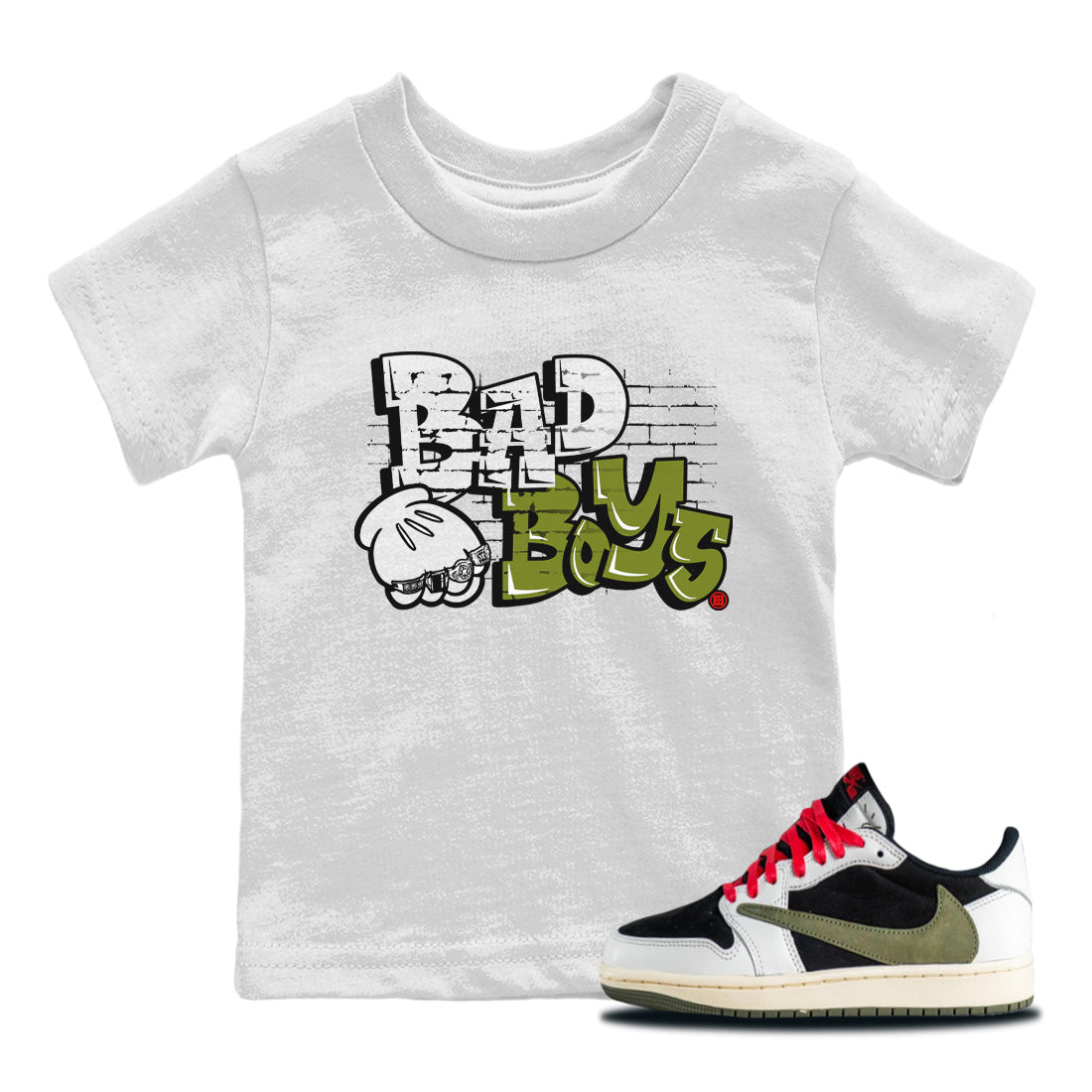 Air Jordan 1 Travis Scott Olive Sneaker Match Tees Bad Boys Streetwear Sneaker Shirt Air Jordan 1 Low x Travis Scott x Olive Sneaker Release Tees Kids Shirts White 1