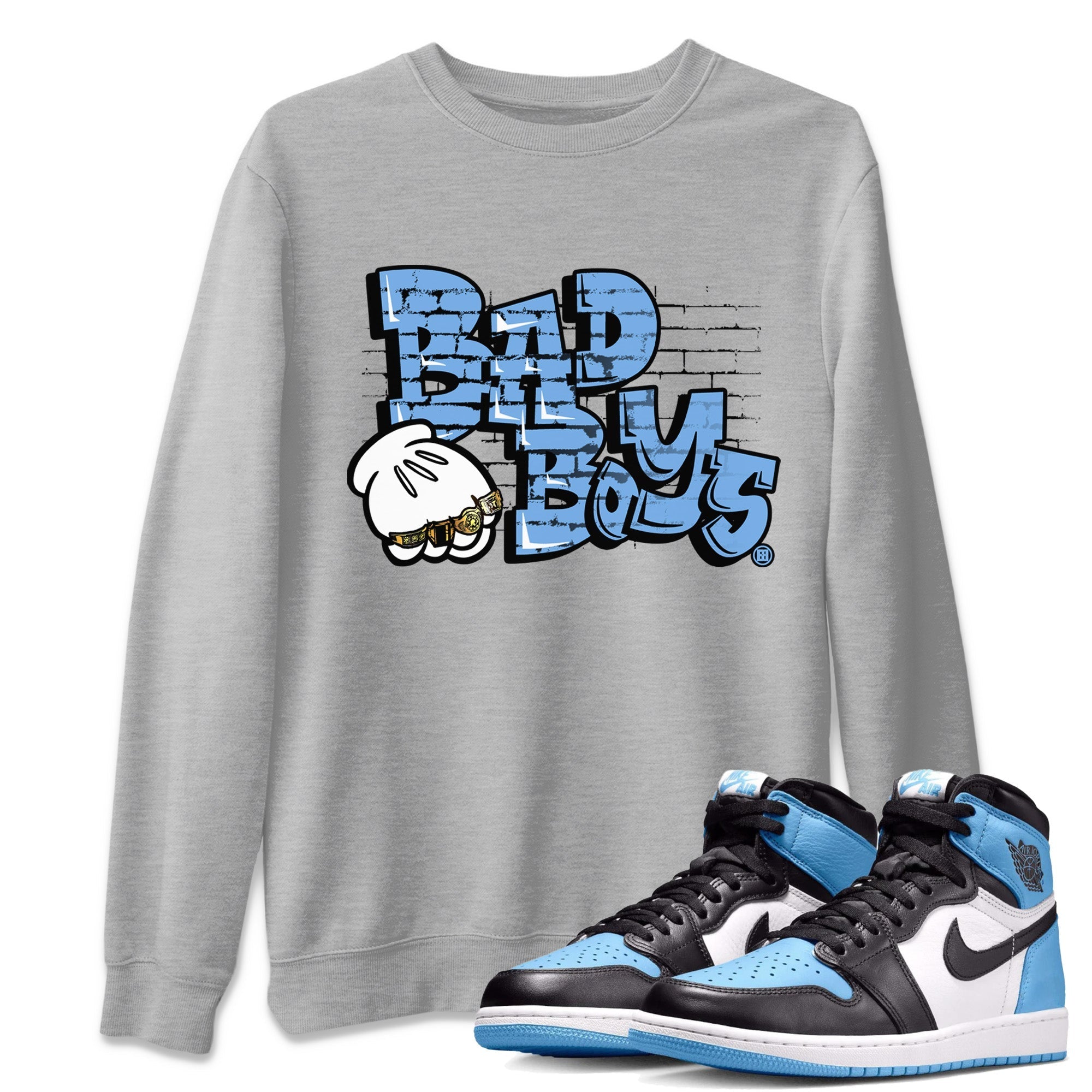 Air Jordan 1 Retro High OG UNC Toe Shirt to match Jordans Bad Boys Streetwear Sneaker Shirt Air Jordan 1 High OG UNC Toe Drip Gear Zone Sneaker Matching Clothing Crew Neck T-Shirts Heather Grey 1