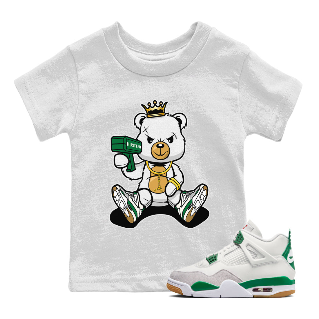 Air Jordan 4 Pine Green Sneaker Match Tees Bad King Baby Bear Streetwear Sneaker Shirt Nike SB Air Jordan 4 Pine Green Sneaker Release Tees Kids Shirts White 1