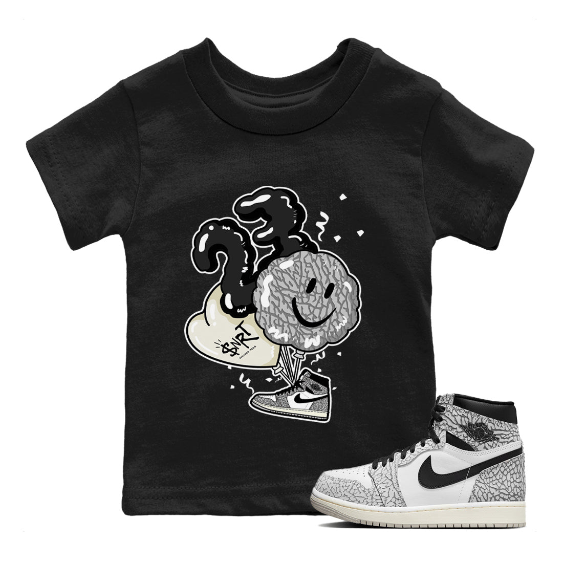 Jordan 1 White Cement Sneaker Matching T-Shirt Balloon Sneaker Tees Jordan 1 White Cement Sneaker Release Tees Kids Shirts