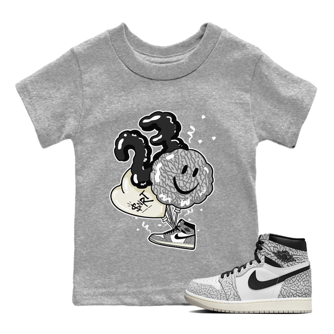 Jordan 1 White Cement Sneaker Matching T-Shirt Balloon Sneaker Tees Jordan 1 White Cement Sneaker Release Tees Kids Shirts