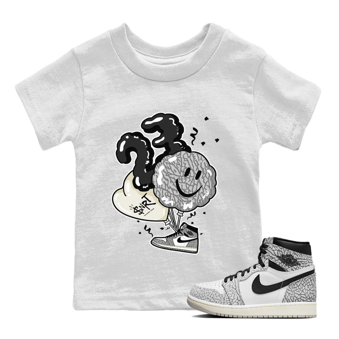 Jordan 1 White Cement Sneaker Matching T-Shirt Balloon Sneaker Tees Jordan 1 White Cement Sneaker Release Tees Kids Shirts