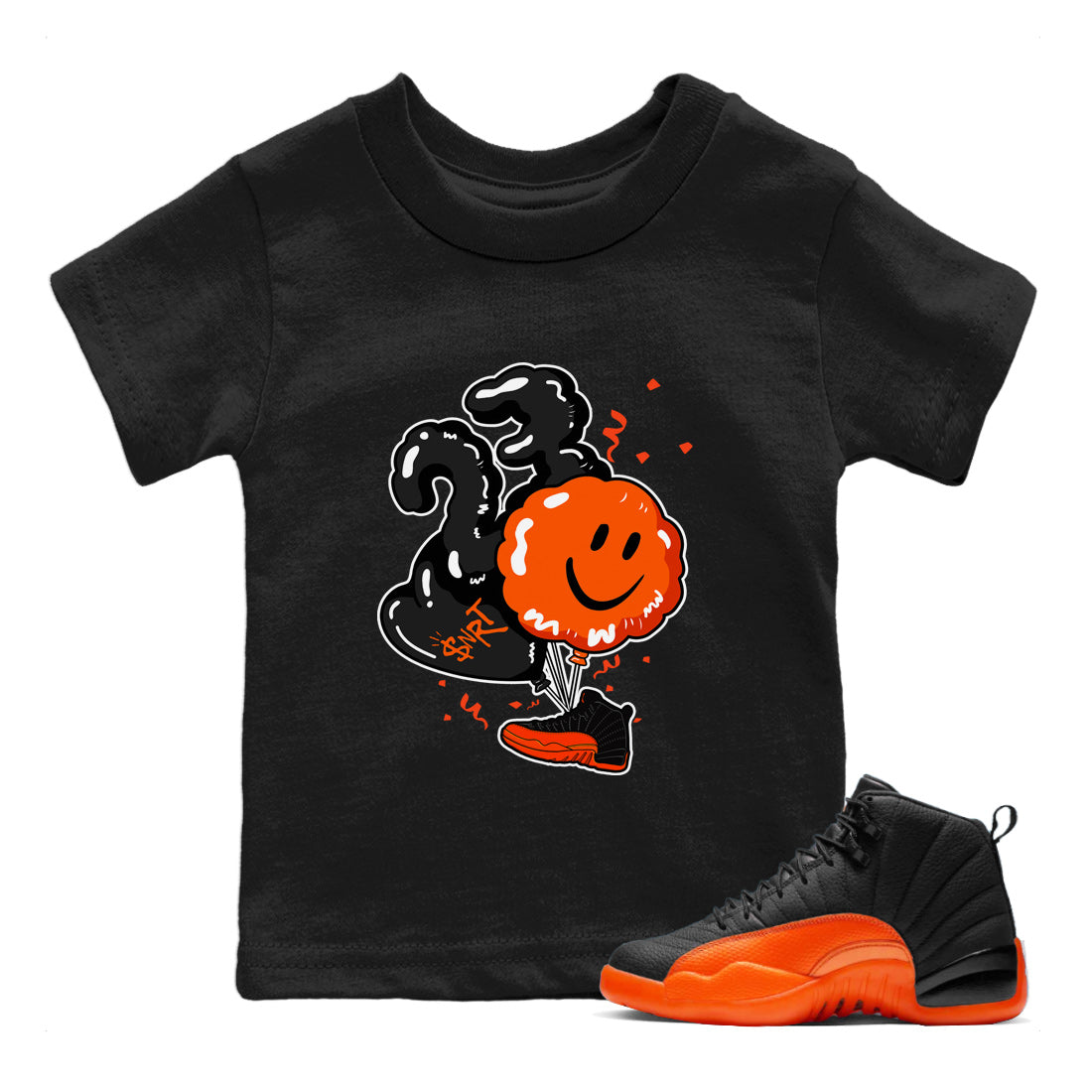 Air Jordan 12 Brilliant Orange Sneaker Match Tees Balloon Streetwear Sneaker Shirt 12s Brilliant Orange Shirts Kids Shirts Black 1