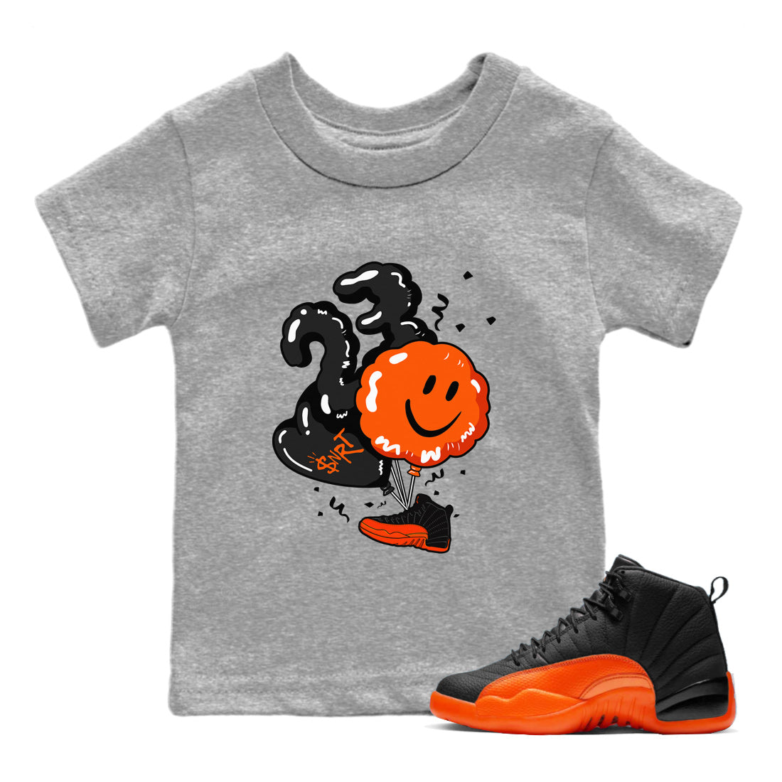 Air Jordan 12 Brilliant Orange Sneaker Match Tees Balloon Streetwear Sneaker Shirt 12s Brilliant Orange Shirts Kids Shirts Heather Grey 1