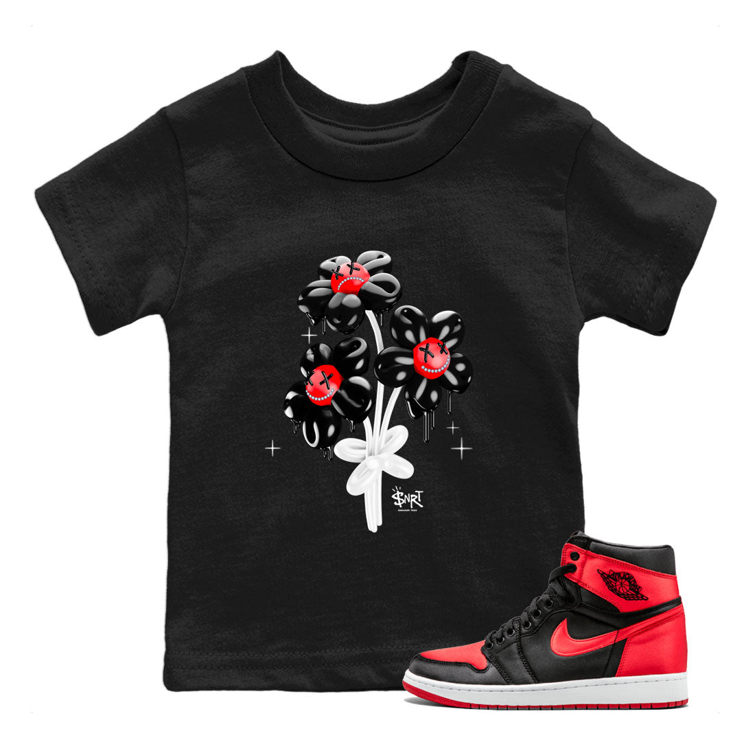 Air Jordan 1 Satin Bred Sneaker Match Tees Balloon Bouquet Streetwear Sneaker Shirt 1s Satin Bred Drip Gear Zone Sneaker Matching Clothing Kids Shirts Black 1