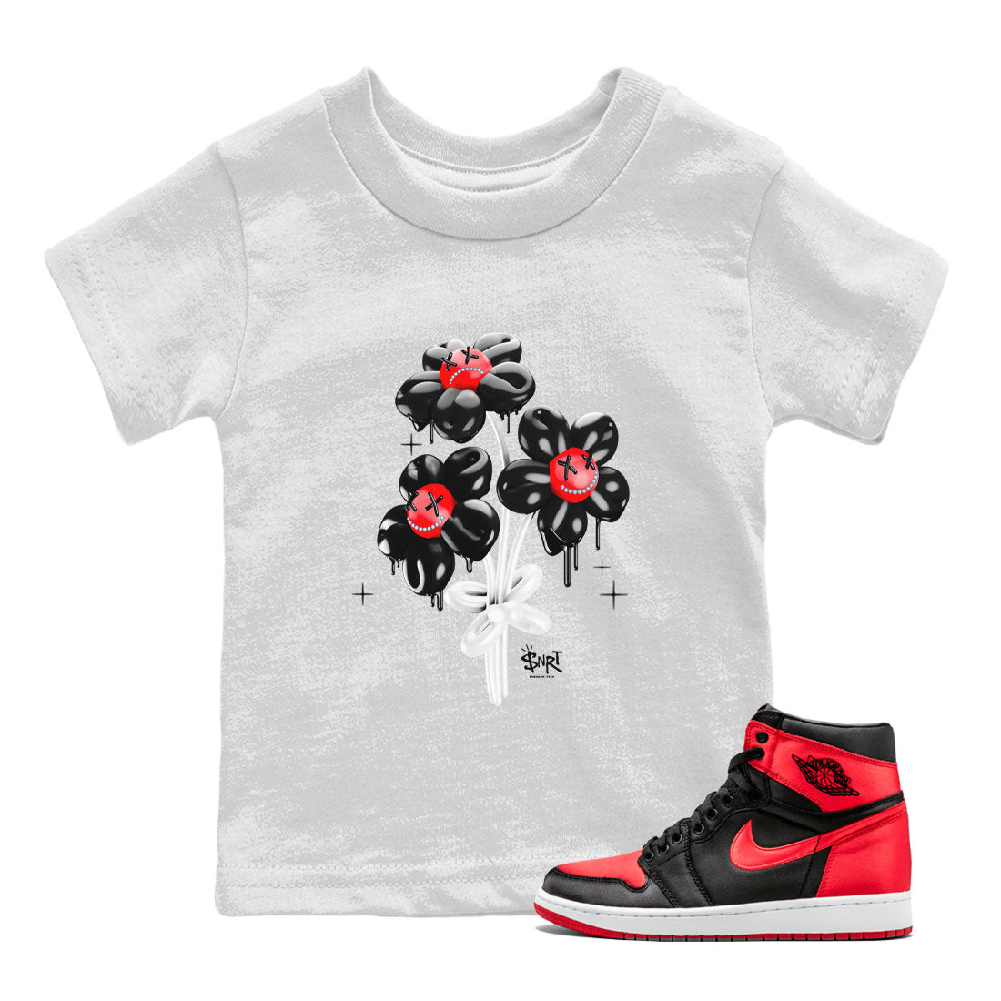 Air Jordan 1 Satin Bred Sneaker Match Tees Balloon Bouquet Streetwear Sneaker Shirt 1s Satin Bred Drip Gear Zone Sneaker Matching Clothing Kids Shirts White 1