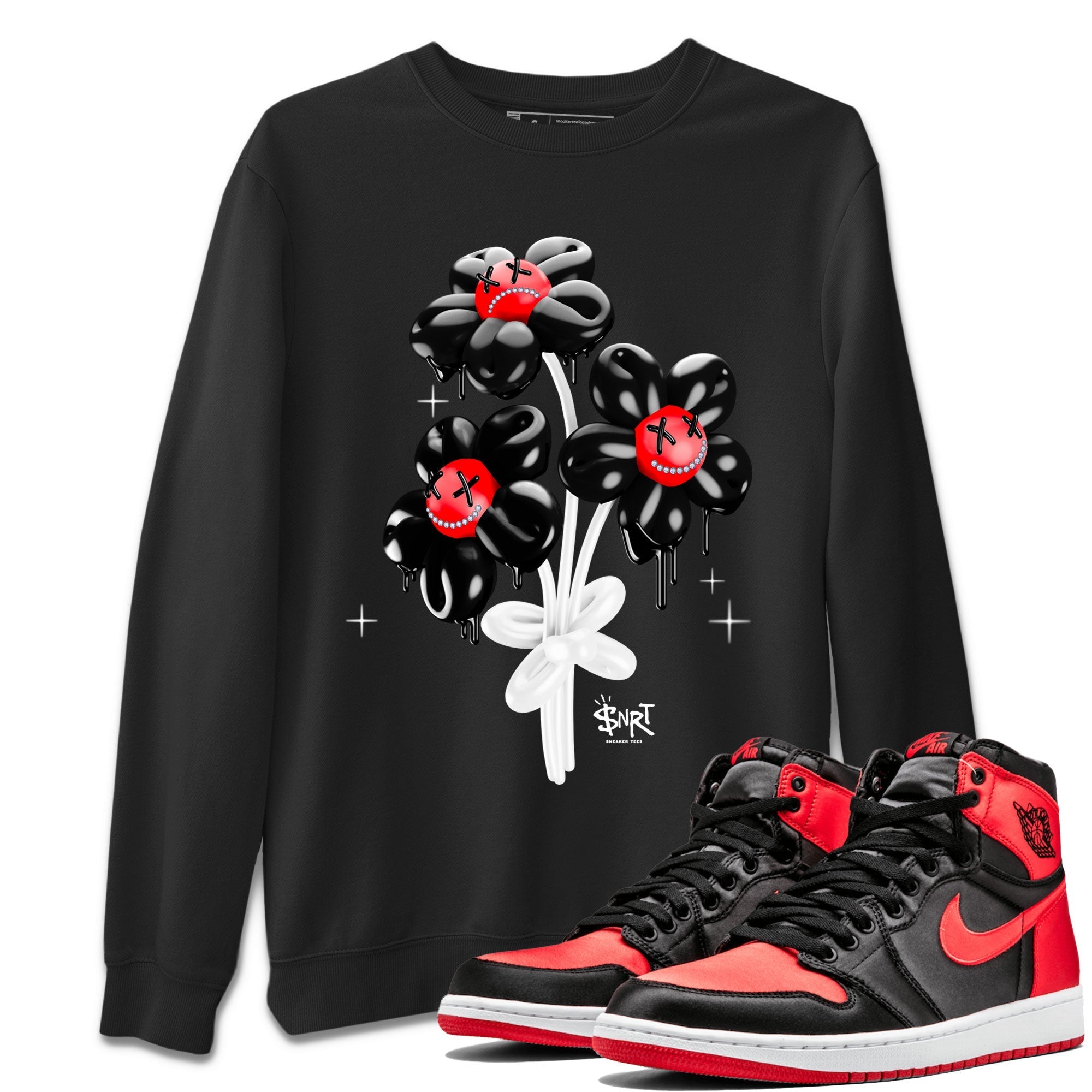 Air Jordan 1 Satin Bred Sneaker Match Tees Balloon Bouquet Streetwear Sneaker Shirt 1s Satin Bred Drip Gear Zone Sneaker Matching Clothing Unisex Shirts Black 1