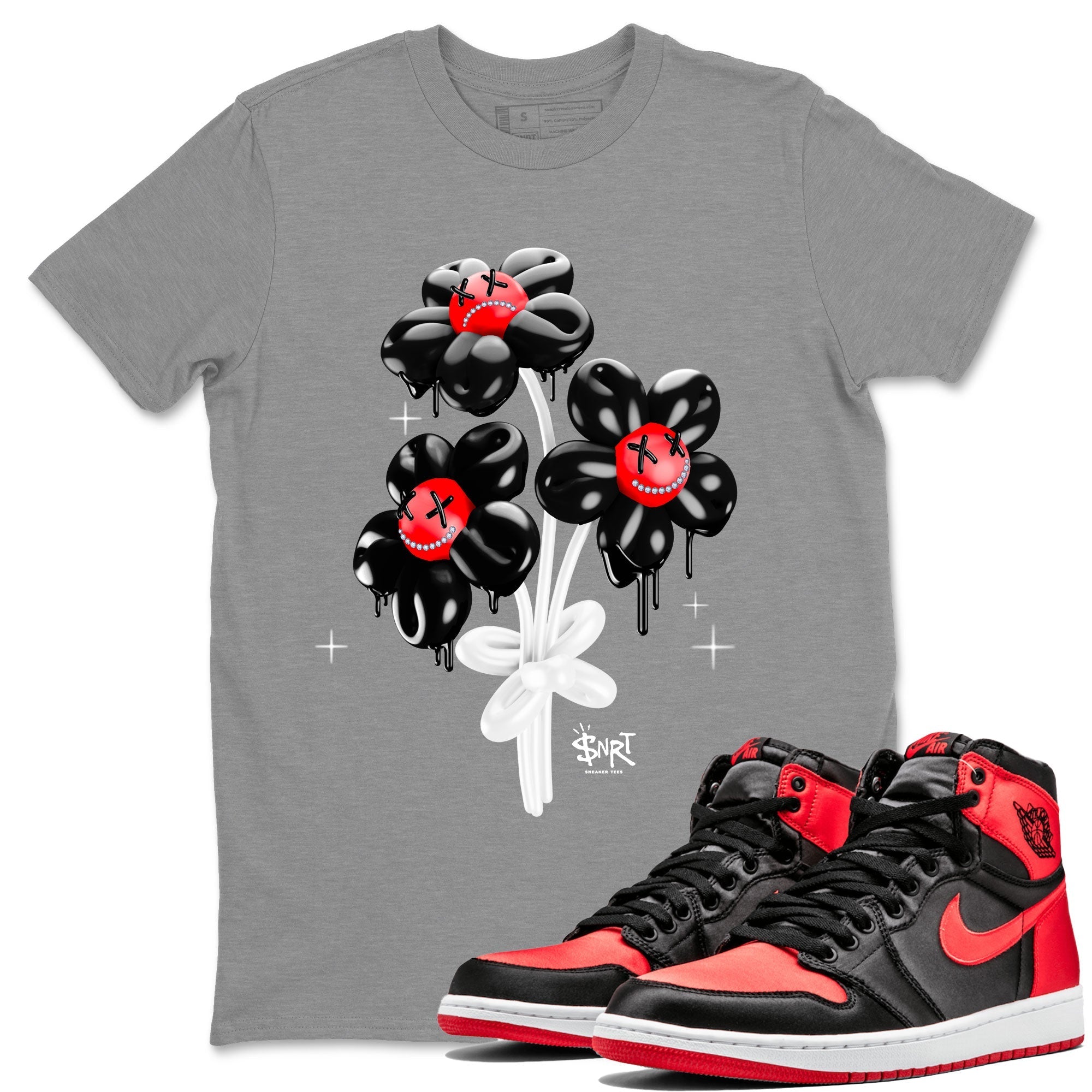 Air Jordan 1 Satin Bred Sneaker Match Tees Balloon Bouquet Streetwear Sneaker Shirt 1s Satin Bred Drip Gear Zone Sneaker Matching Clothing Unisex Shirts Heather Grey 1