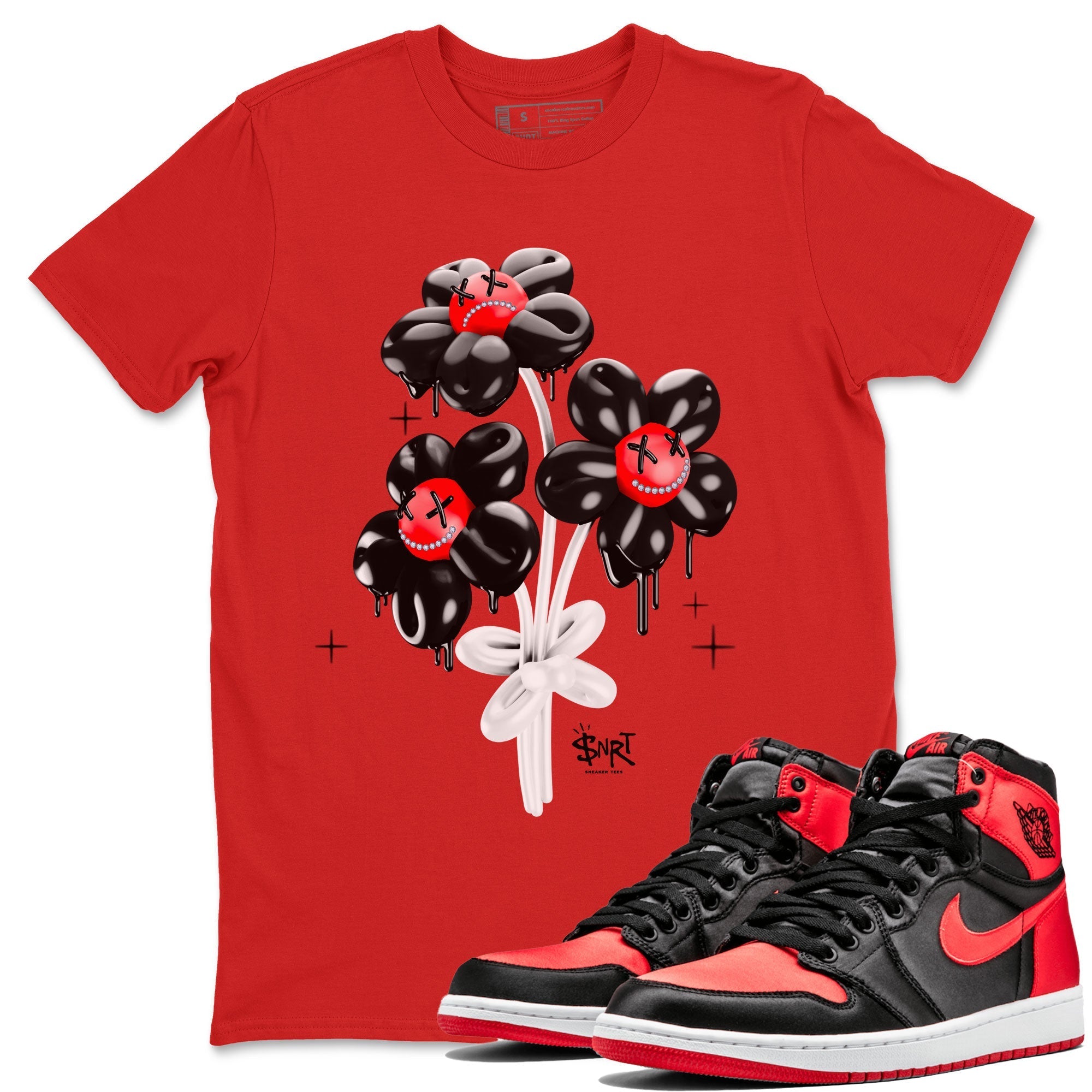 Air Jordan 1 Satin Bred Sneaker Match Tees Balloon Bouquet Streetwear Sneaker Shirt 1s Satin Bred Drip Gear Zone Sneaker Matching Clothing Unisex Shirts Red 2