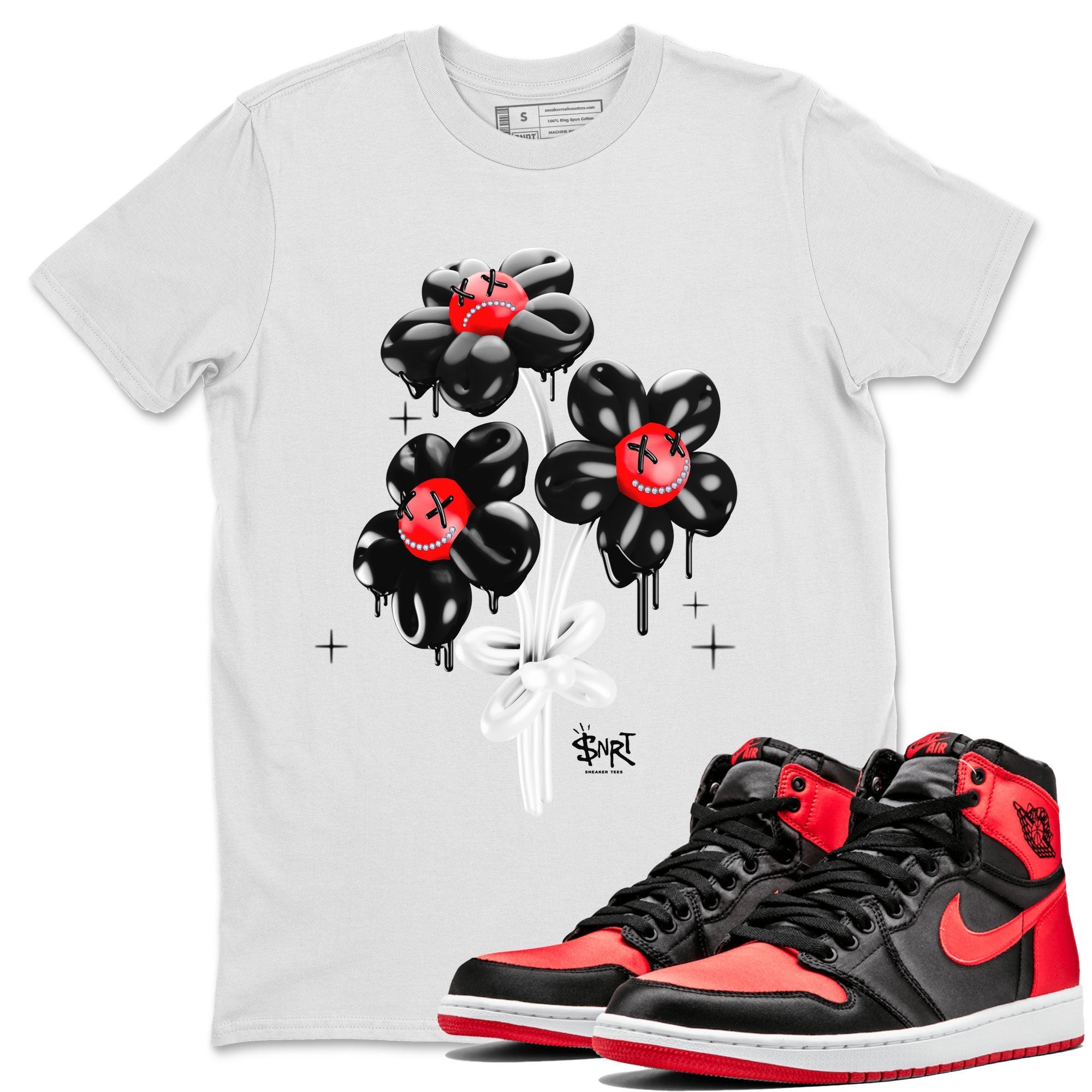 Air Jordan 1 Satin Bred Sneaker Match Tees Balloon Bouquet Streetwear Sneaker Shirt 1s Satin Bred Drip Gear Zone Sneaker Matching Clothing Unisex Shirts White 1