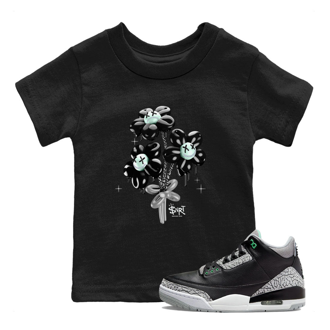 3s Green Glow shirt to match jordans Balloon Bouquet sneaker tees Air Jordan 3 Green Glow Drip Gear Zone baby toddler Black 1 cotton Shirt