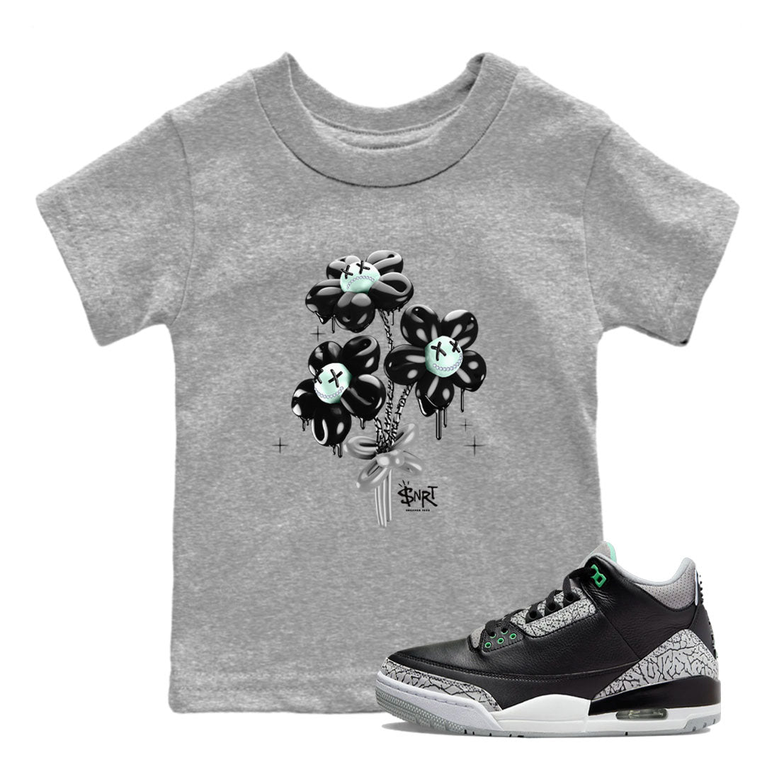 3s Green Glow shirt to match jordans Balloon Bouquet sneaker tees Air Jordan 3 Green Glow Drip Gear Zone baby toddler Heather Grey 1 cotton Shirt