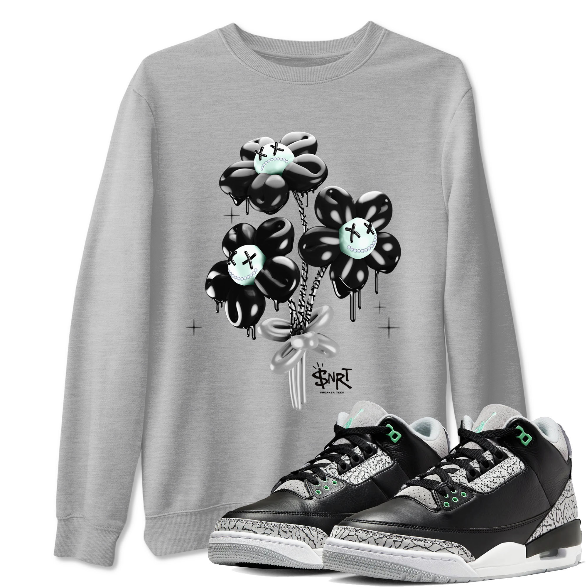 3s Green Glow shirt to match jordans Balloon Bouquet sneaker tees Air Jordan 3 Green Glow Drip Gear Zone unisex cotton Heather Grey 1 crew neck shirt