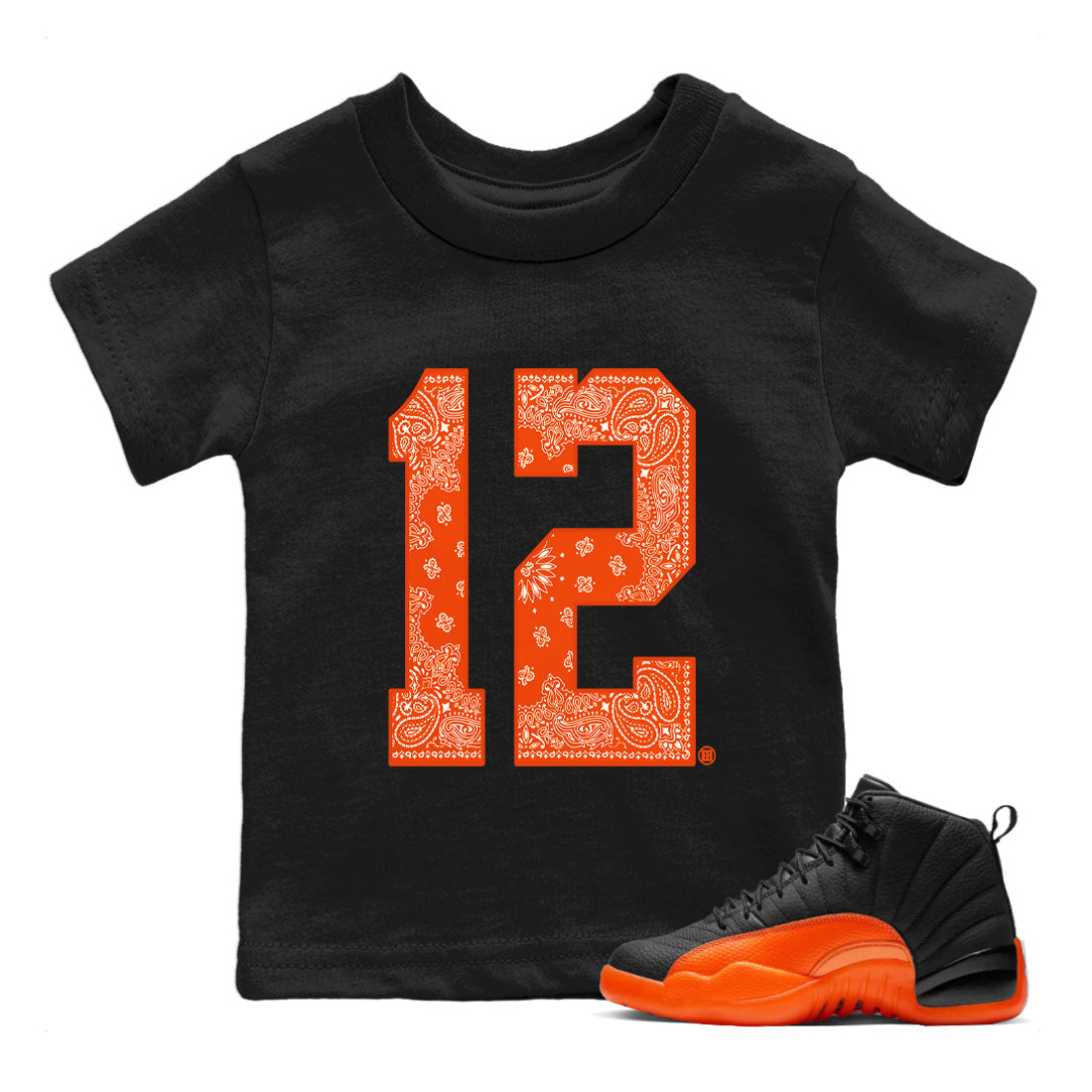 Air Jordan 12 Brilliant Orange Sneaker Match Tees Bandana 12 t shirt Air Jordan 12 WMNS Brilliant Orange Sneaker Tees Kids Shirts Black 1