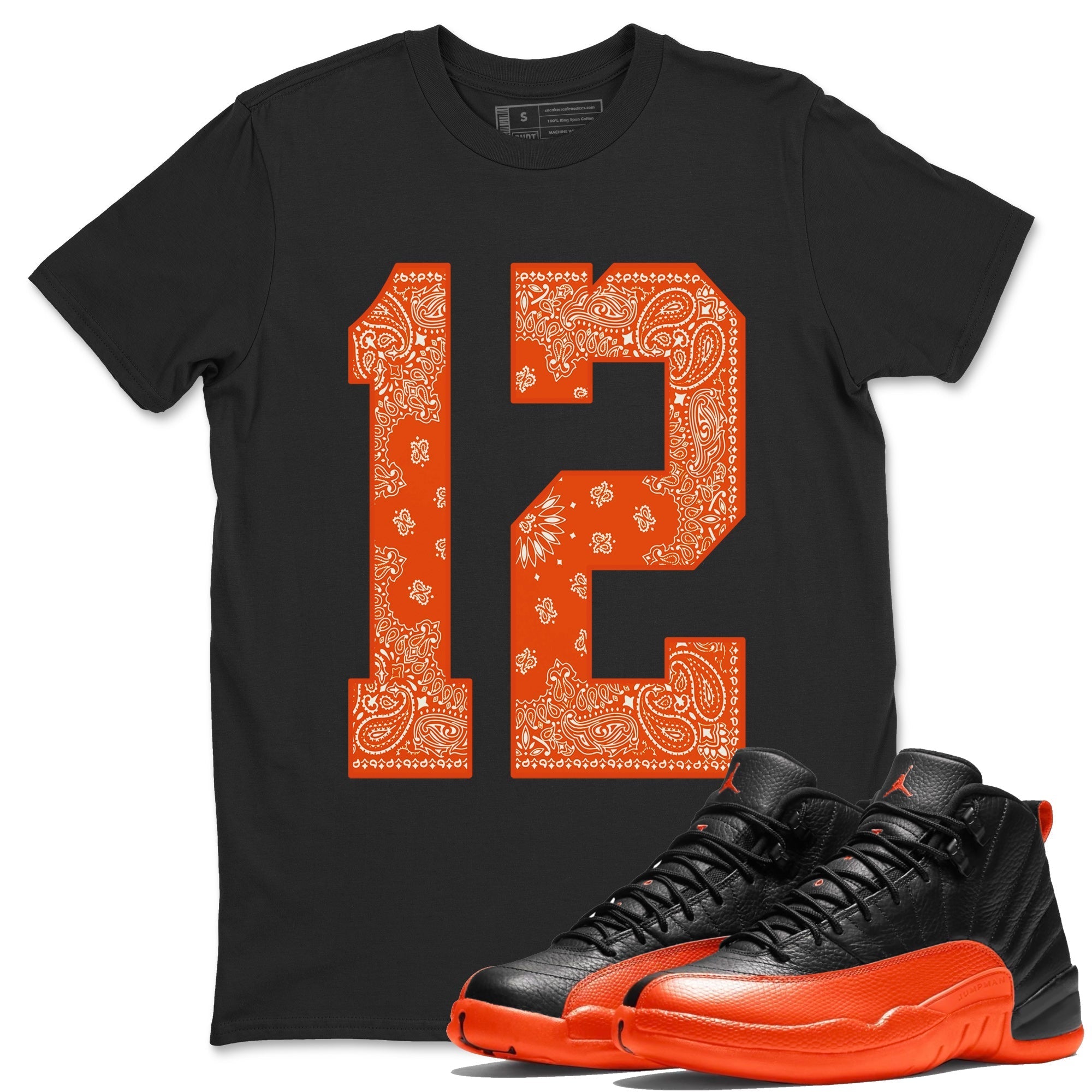 Air Jordan 12 Brilliant Orange Sneaker Match Tees Bandana 12 t shirt Air Jordan 12 WMNS Brilliant Orange Sneaker Tees Unisex Shirts Black 1