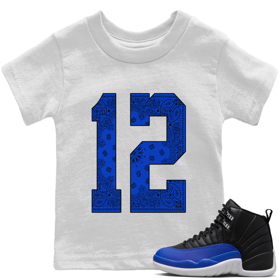 Jordan 12 Hyper Royal Sneaker Matching T-Shirt Bandana 12 Sneaker Tees Jordan 12 Hyper Royal Sneaker Release Tees Kids Shirts