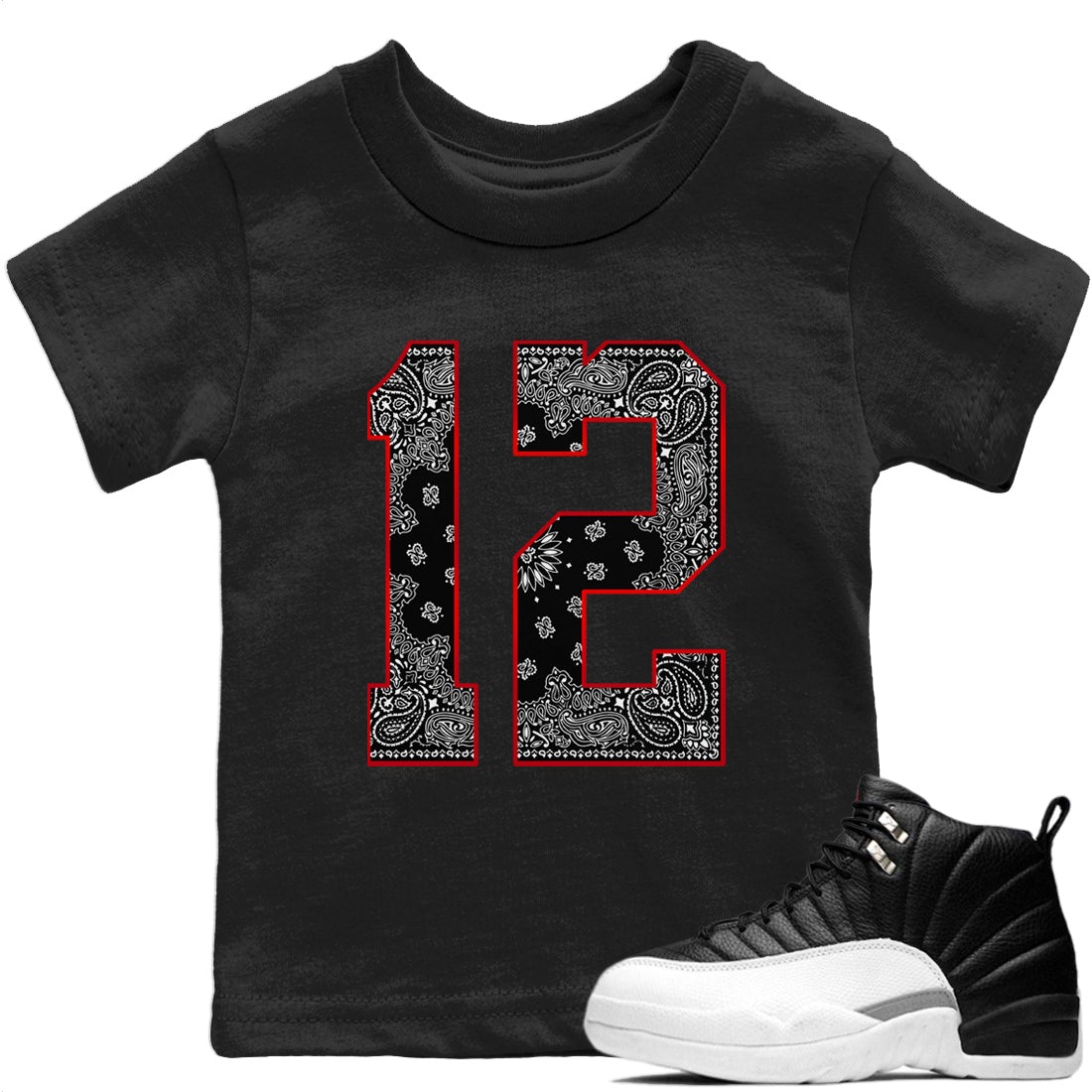 Jordan 12 Playoffs Sneaker Matching T-Shirt Bandana 12 Sneaker Tees Jordan 12 Playoffs Sneaker Release Tees Kids Shirts