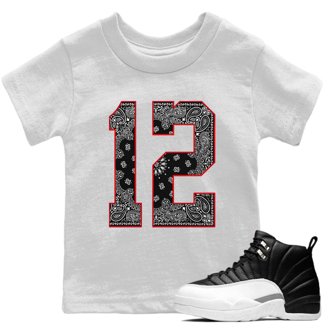 Jordan 12 Playoffs Sneaker Matching T-Shirt Bandana 12 Sneaker Tees Jordan 12 Playoffs Sneaker Release Tees Kids Shirts