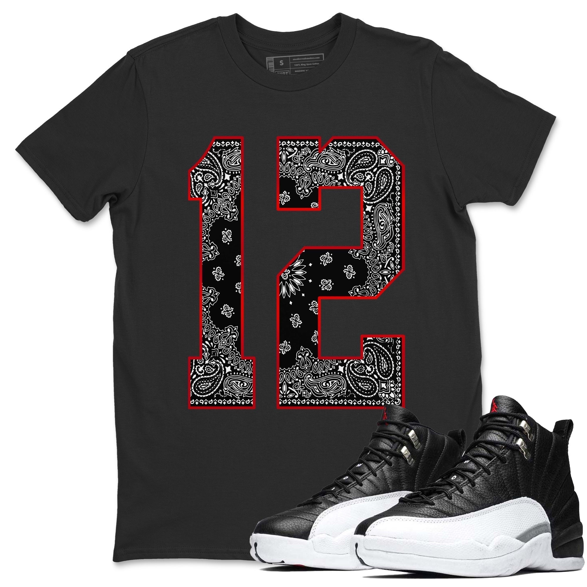 Jordan 12 Playoffs Sneaker Matching T-Shirt Bandana 12 Sneaker Tees Jordan 12 Playoffs Sneaker Release Tees Crew Neck Tees
