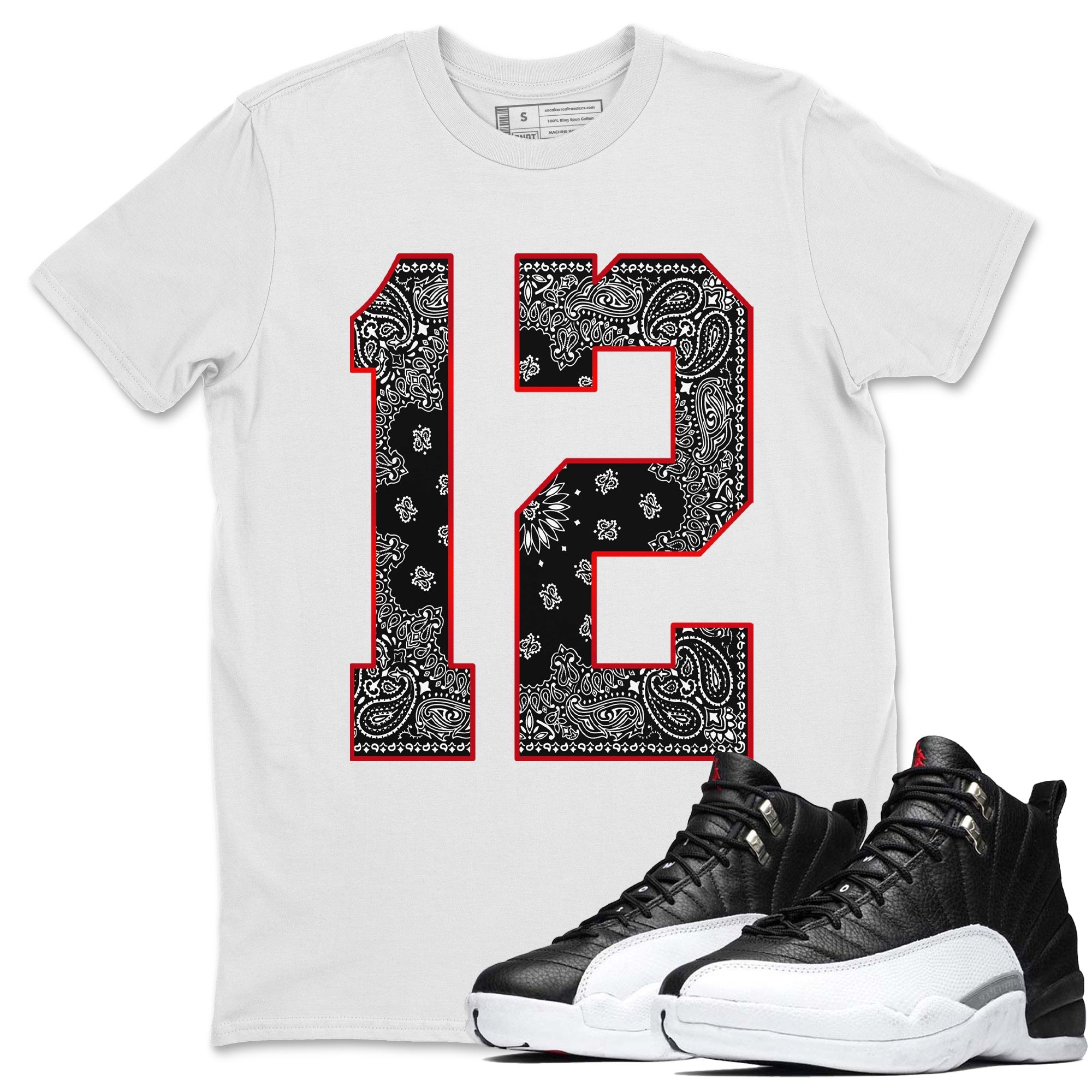 Jordan 12 Playoffs Sneaker Matching T-Shirt Bandana 12 Sneaker Tees Jordan 12 Playoffs Sneaker Release Tees Crew Neck Tees