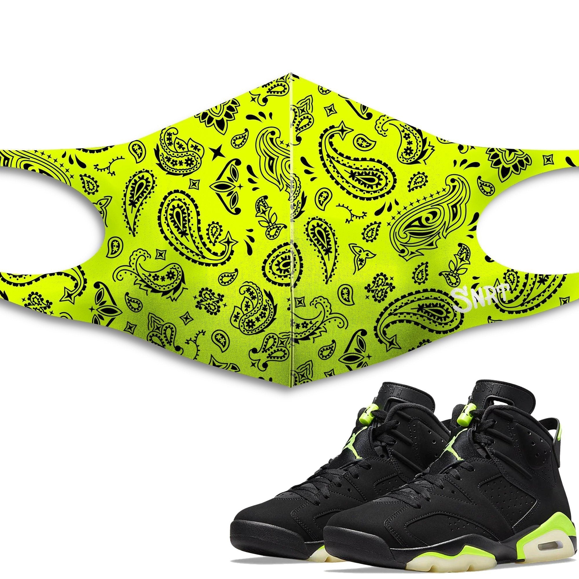 Air Jordan 6 Retro Electric Green Sneaker Matching Mask Outfits AJ6 Electric Green Sneaker Matching Accessories Collection Drip Gear Zone Sneaker Matching Clothing Unisex High Quality Face Mask Bandana Pattern design Mask