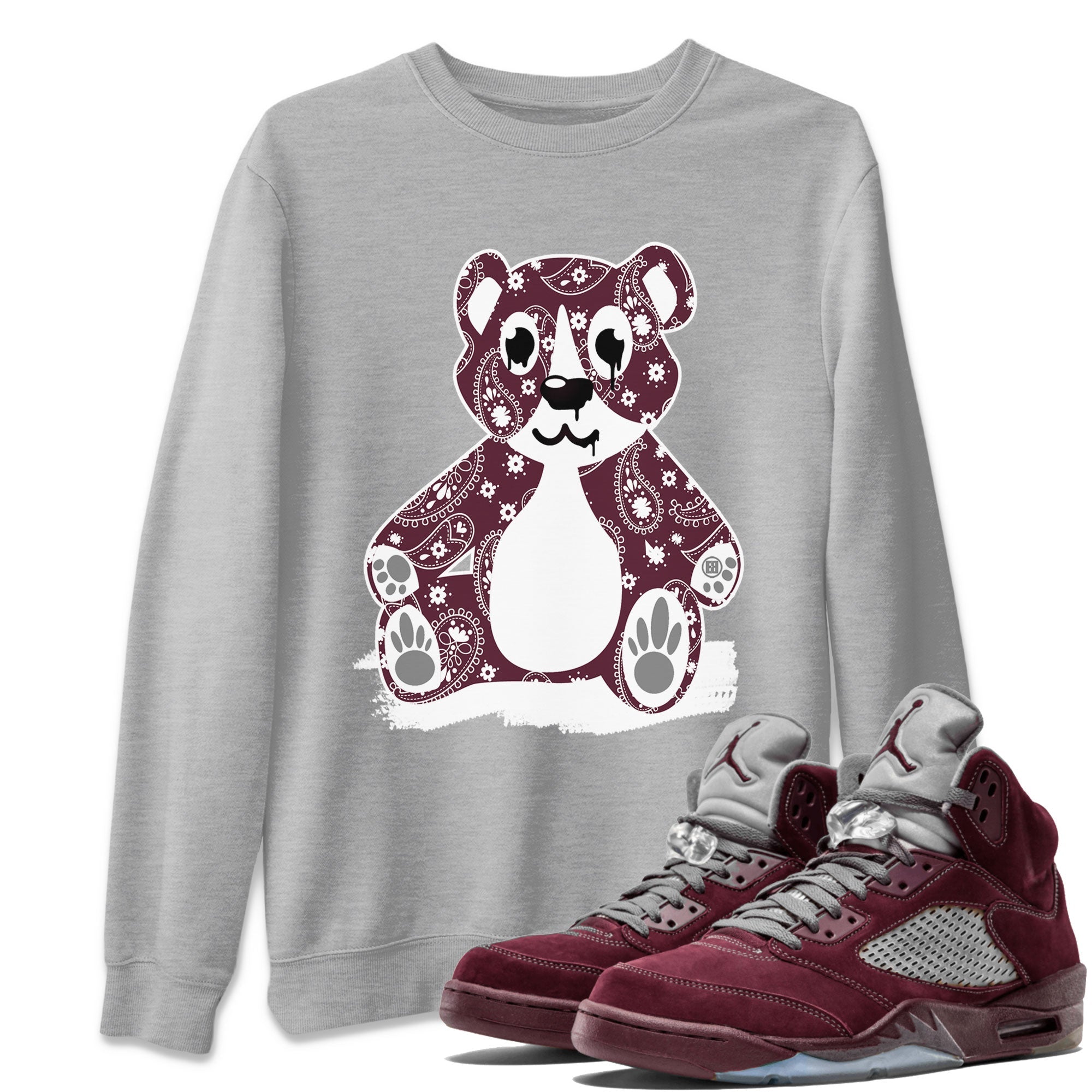 Jordan 5 Retro Burgundy Sneaker Match Tees Bandana Bear Streetwear Sneaker Shirt Jordan 5 Retro Burgundy Drip Gear Zone Sneaker Matching Clothing Short Sleeve T-Shirt Heather Grey 1