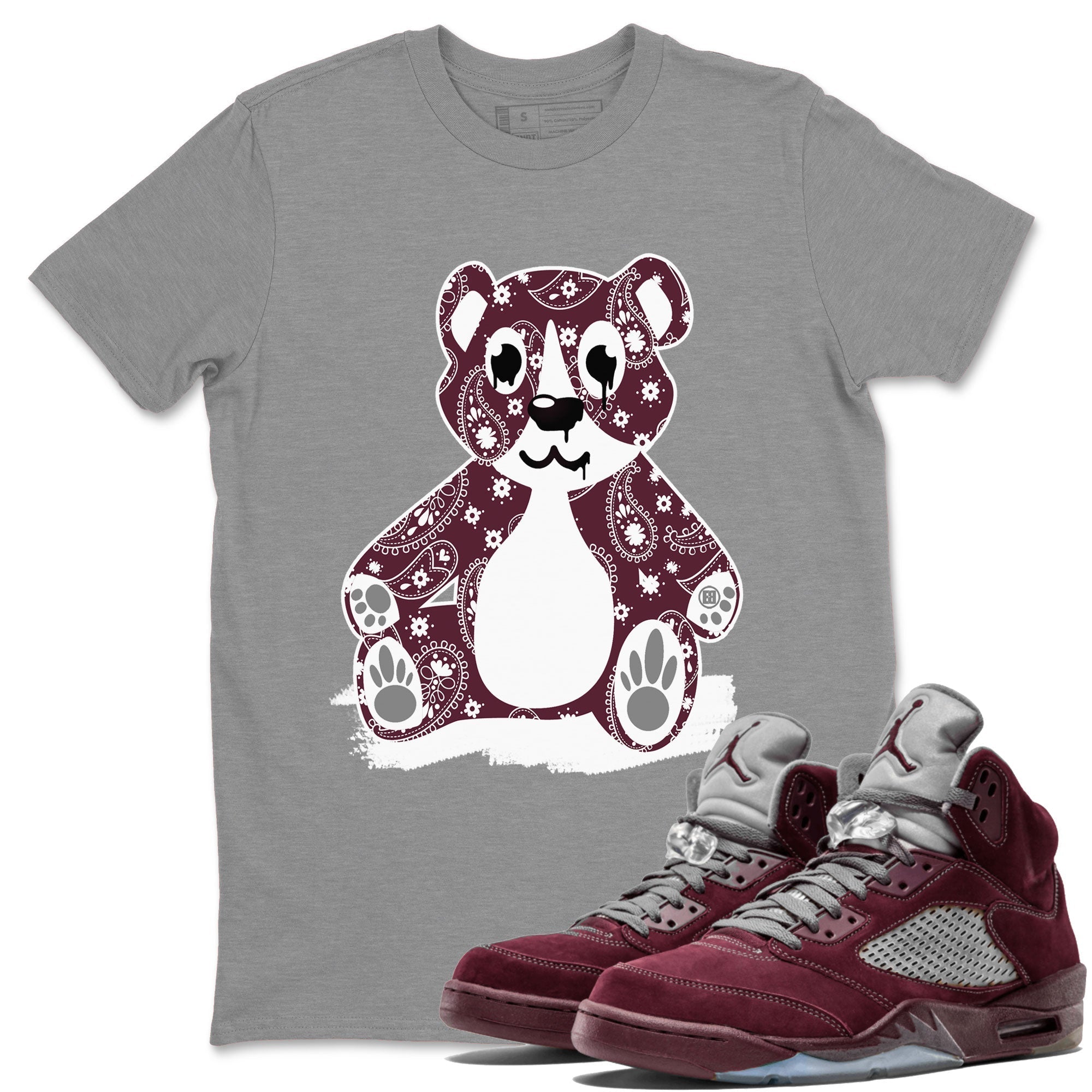 Jordan 5 Retro Burgundy Sneaker Match Tees Bandana Bear Streetwear Sneaker Shirt Jordan 5 Retro Burgundy Drip Gear Zone Sneaker Matching Clothing Short Sleeve T-Shirt Heather Grey 1