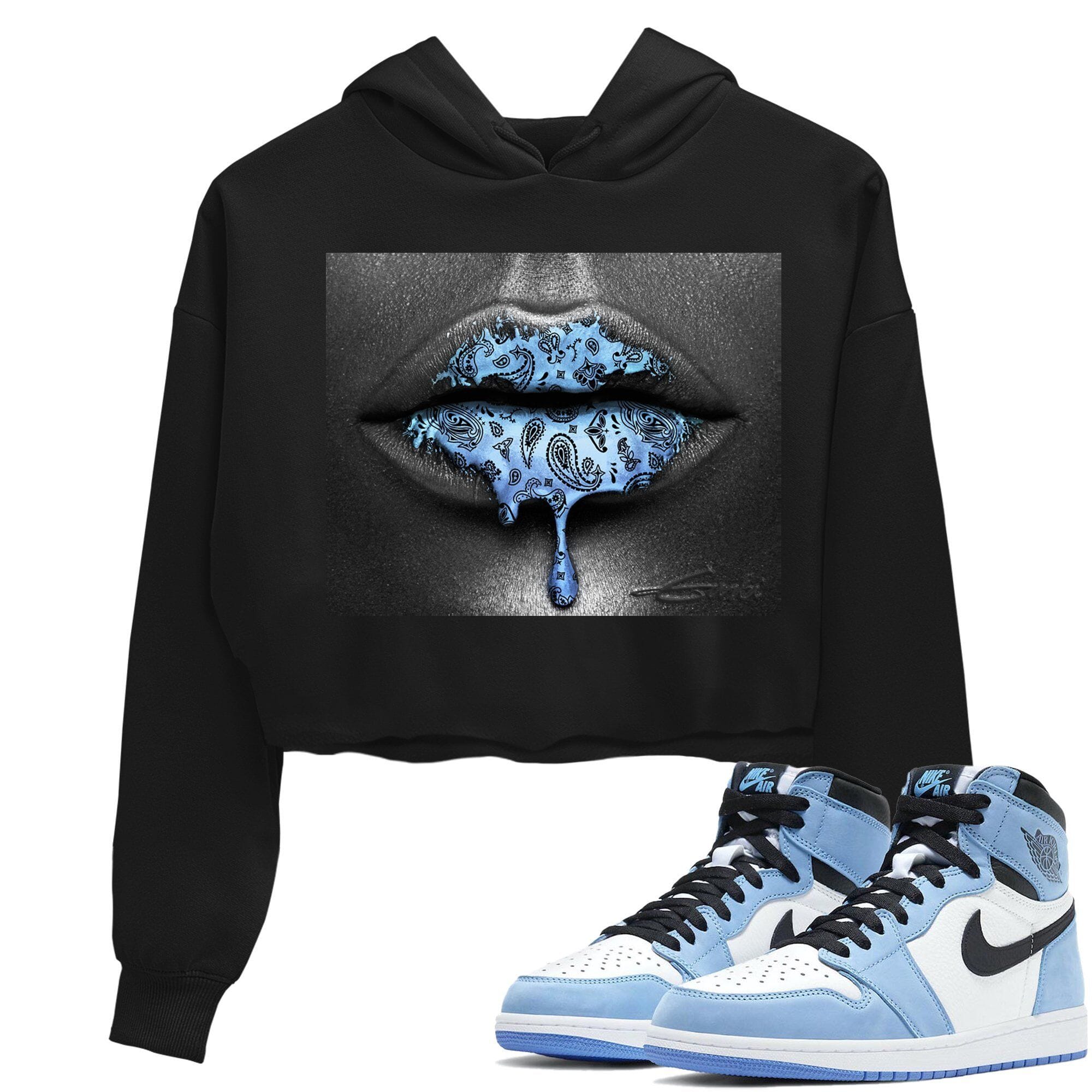 Jordan 1 University Blue Sneaker Matching T-Shirt Bandana Lips Sneaker Tees Jordan 1 University Blue Sneaker Release Tees Women's Shirts