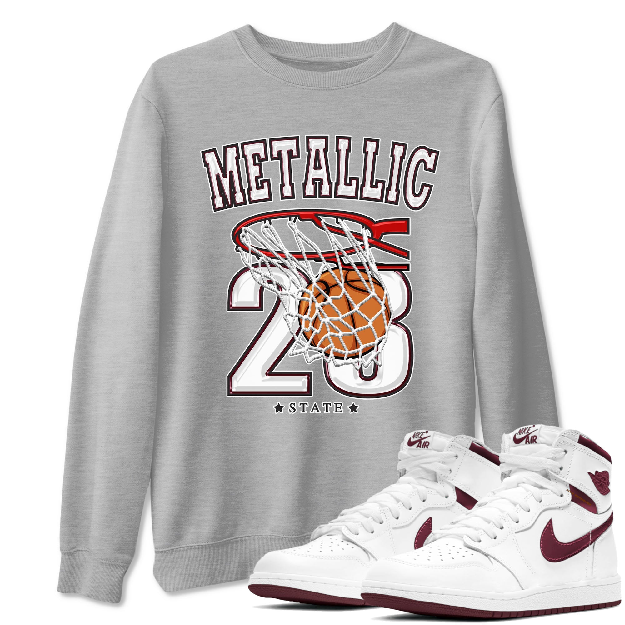 AJ1 Metalic Burgundy shirt to match jordans Basketball sneaker tees Air Jordan 1 Metalic Burgundy Drip Gear Zone unisex cotton Heather Grey 1 crew neck shirt