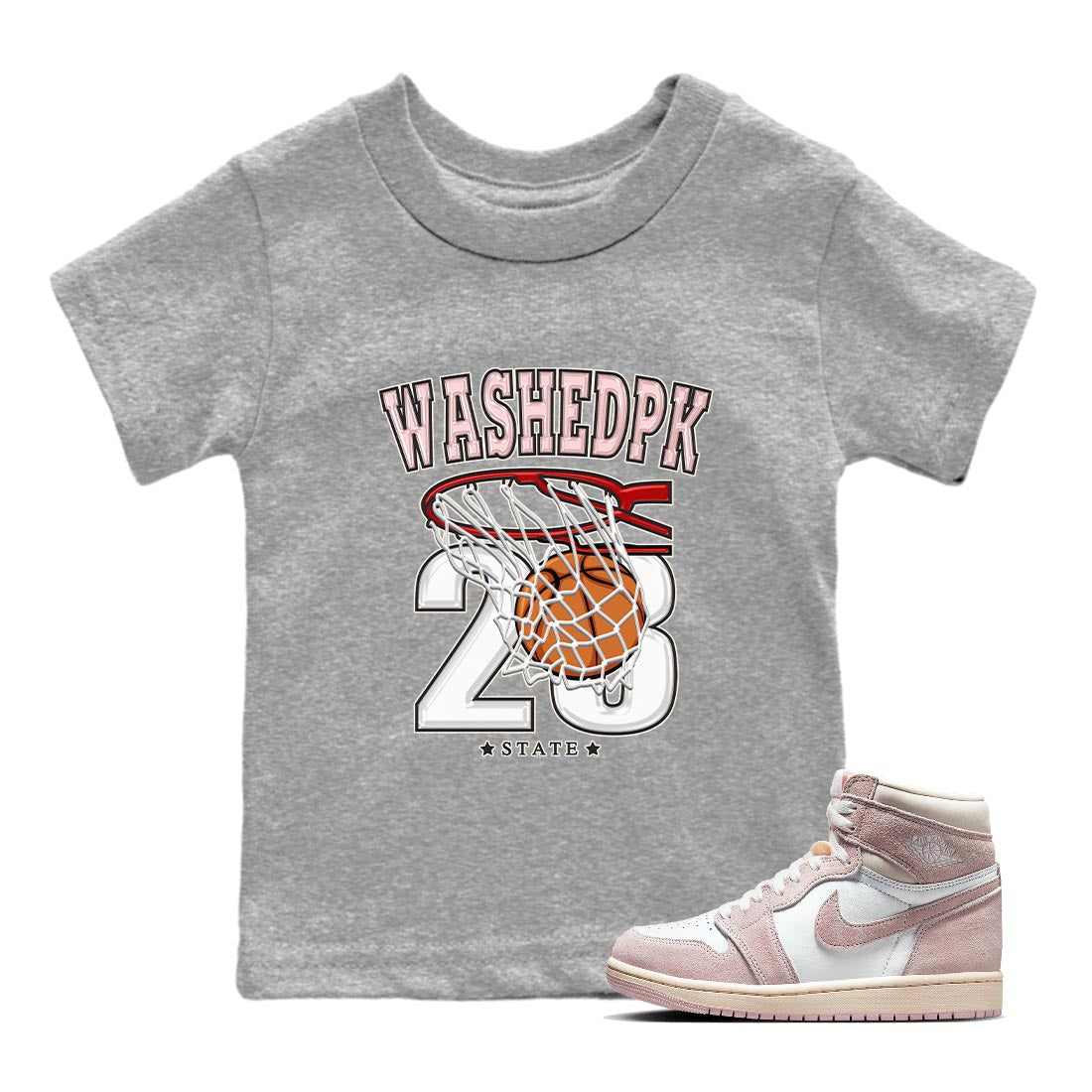 Air Jordan 1 Washed Pink Sneaker Match Tees Basketball Streetwear Sneaker Shirt AJ1 Washed Pink Sneaker Release Tees Kids Shirts Heather Grey 1