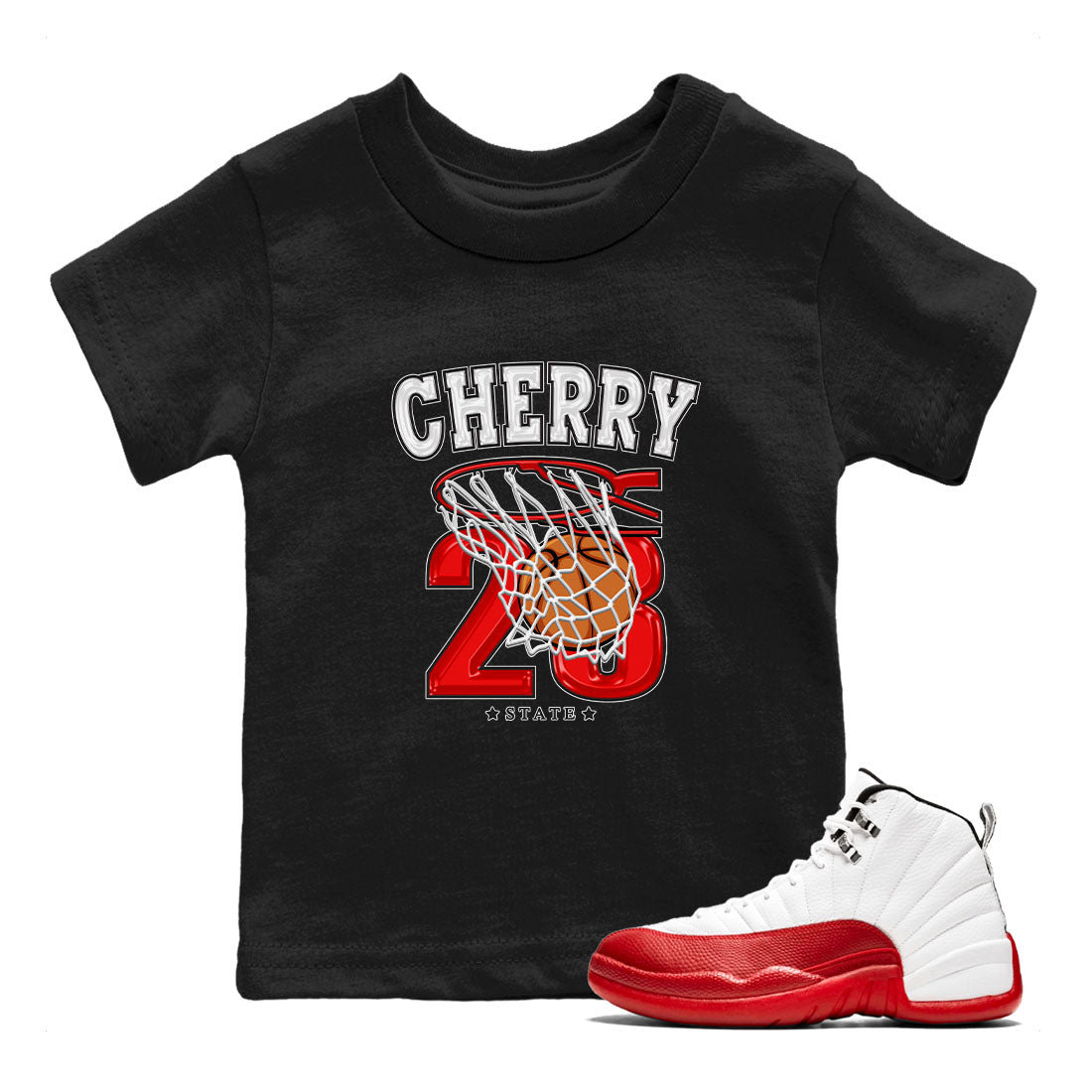 Jordan 12 Retro Cherry shirt to match jordans Varsity Red Basketball special sneaker matching tees 12s Cherry Drip Gear Zone Baby Toddler Black 1 T-Shirt