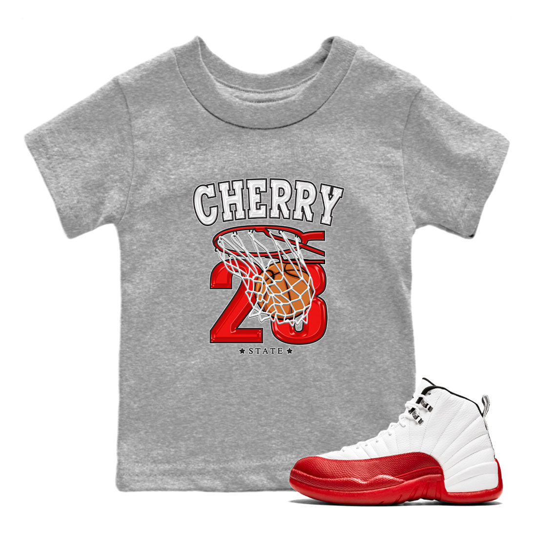 Jordan 12 Retro Cherry shirt to match jordans Varsity Red Basketball special sneaker matching tees 12s Cherry Drip Gear Zone Baby Toddler Heather Grey 1 T-Shirt