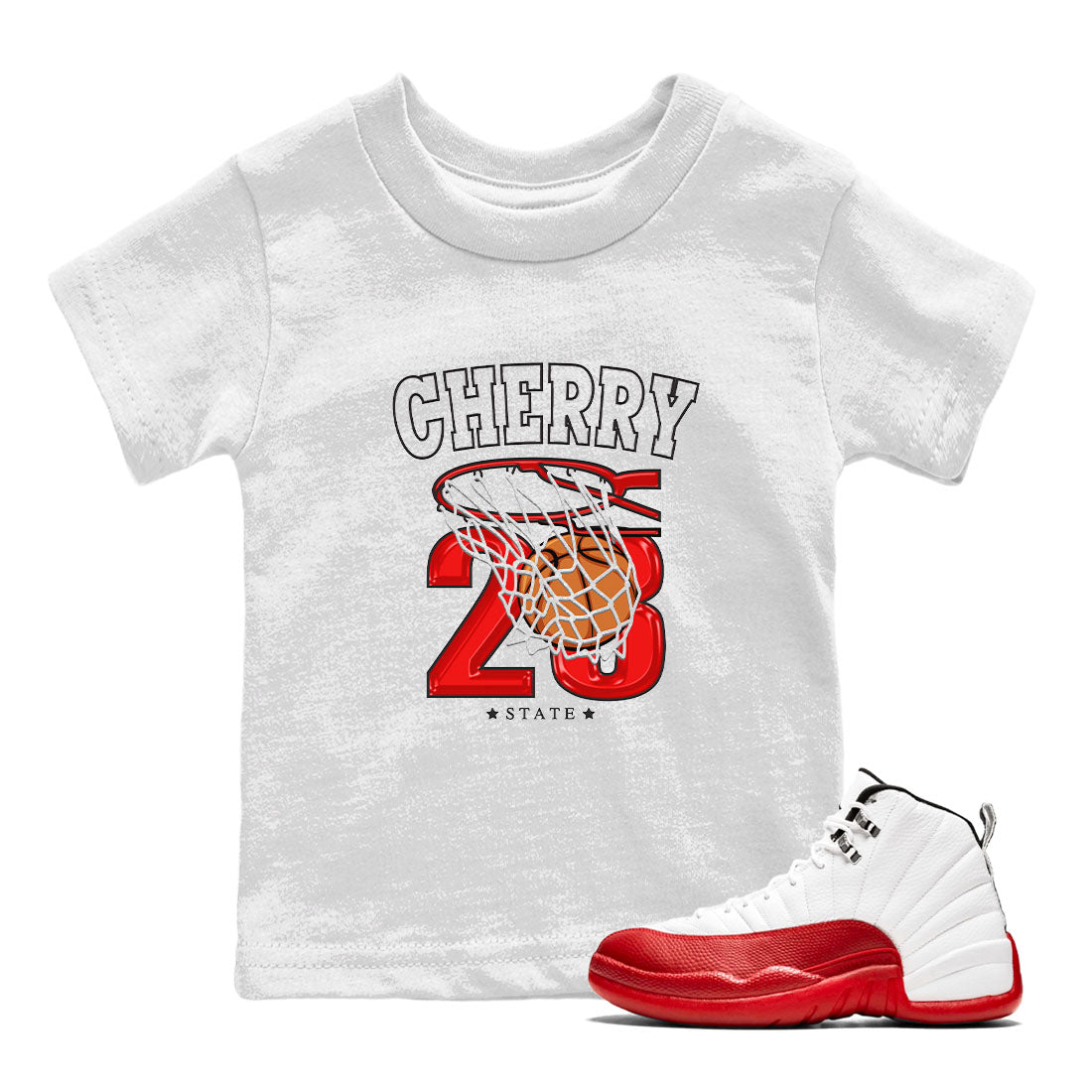 Jordan 12 Retro Cherry shirt to match jordans Varsity Red Basketball special sneaker matching tees 12s Cherry Drip Gear Zone Baby Toddler White 1 T-Shirt