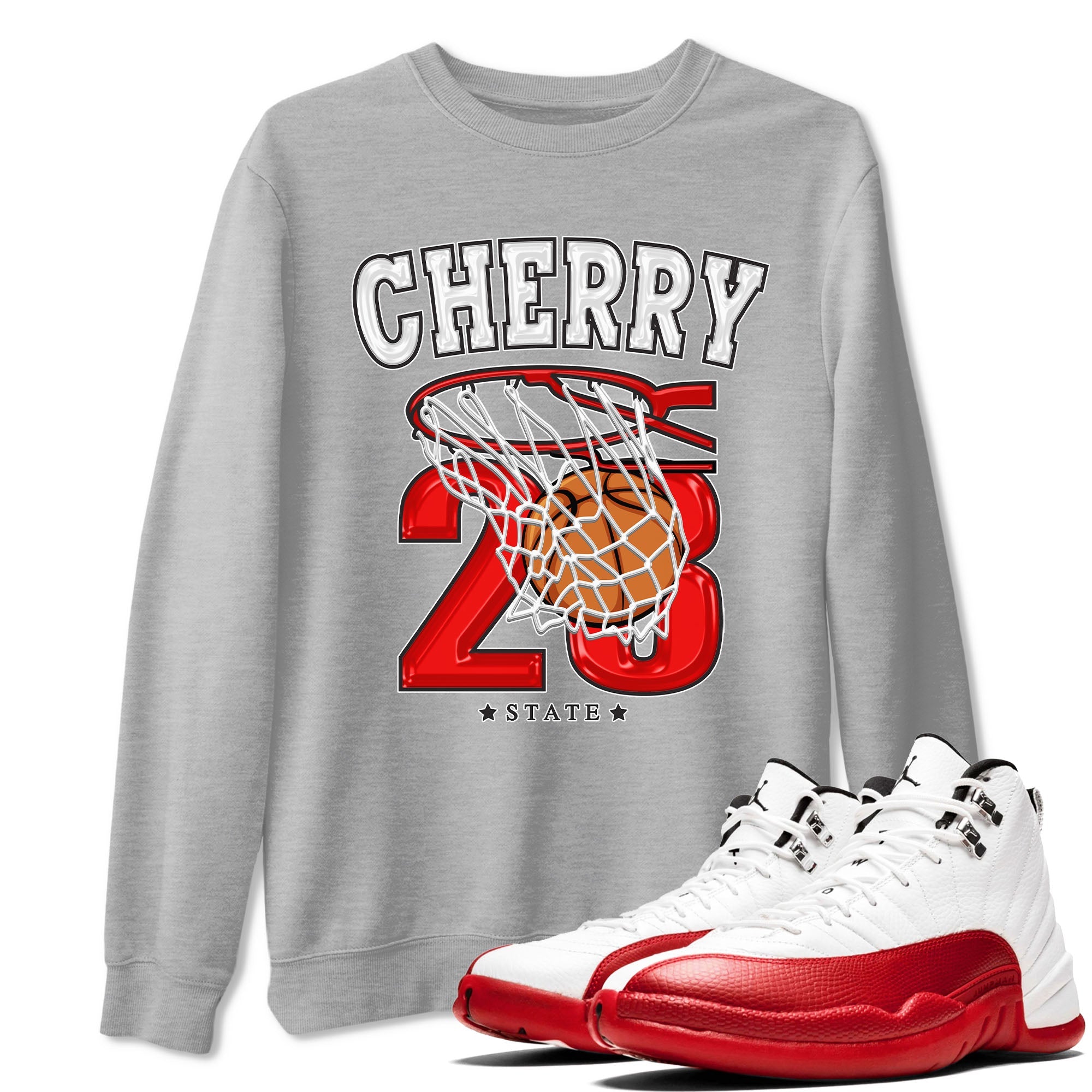 Jordan 12 Retro Cherry shirt to match jordans Varsity Red Basketball special sneaker matching tees 12s Cherry Drip Gear Zone Unisex Heather Grey 1 T-Shirt
