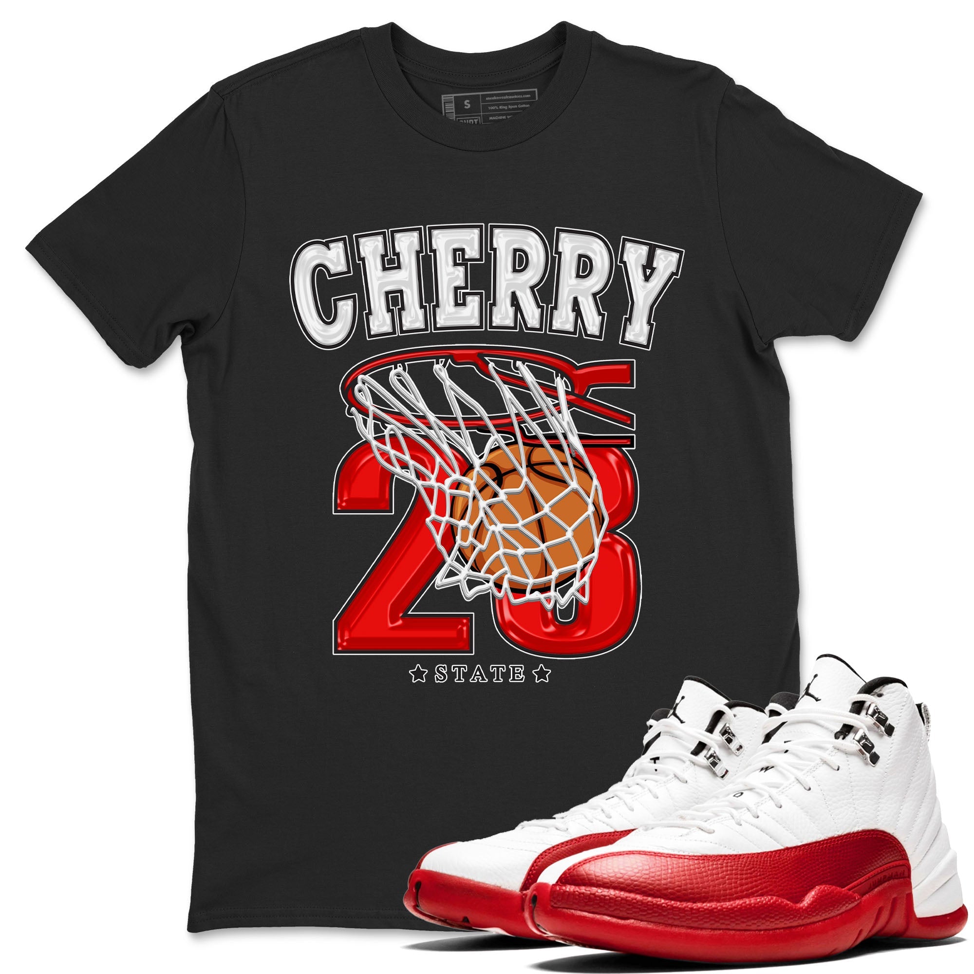 Jordan 12 Retro Cherry shirt to match jordans Varsity Red Basketball special sneaker matching tees 12s Cherry Drip Gear Zone Unisex Black 1 T-Shirt