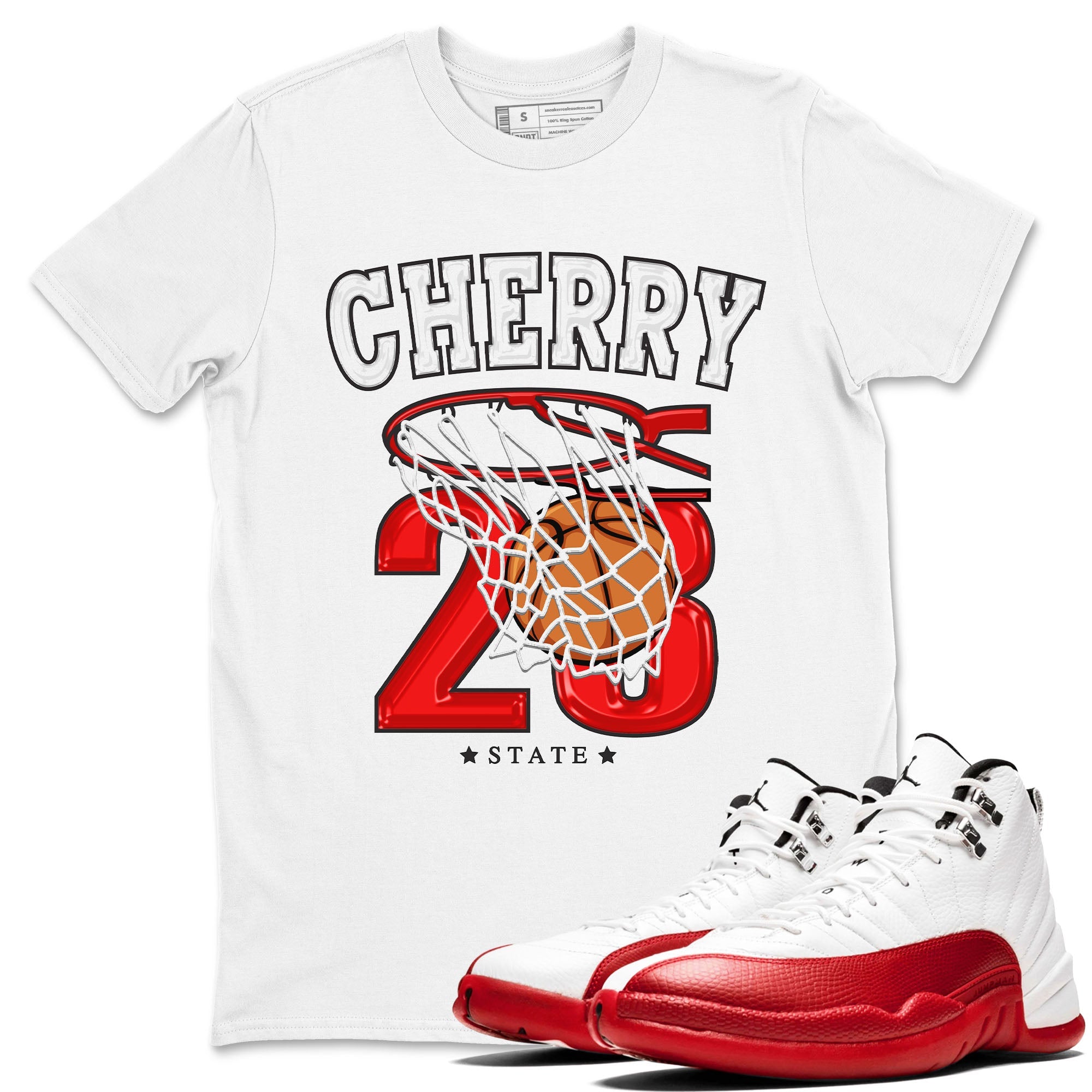 Jordan 12 Retro Cherry shirt to match jordans Varsity Red Basketball special sneaker matching tees 12s Cherry Drip Gear Zone Unisex White 1 T-Shirt