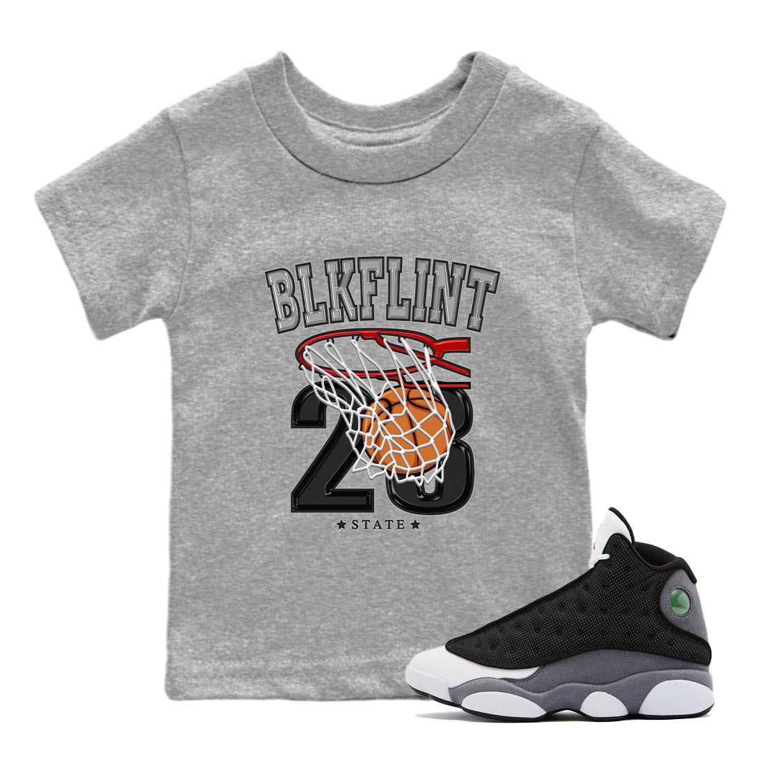 Air Jordan 13 Black Flint Sneaker Match Tees Basketball Streetwear Sneaker Shirt AJ 13s Black Flint Sneaker Release Tees Kids Shirts Heather Grey 1