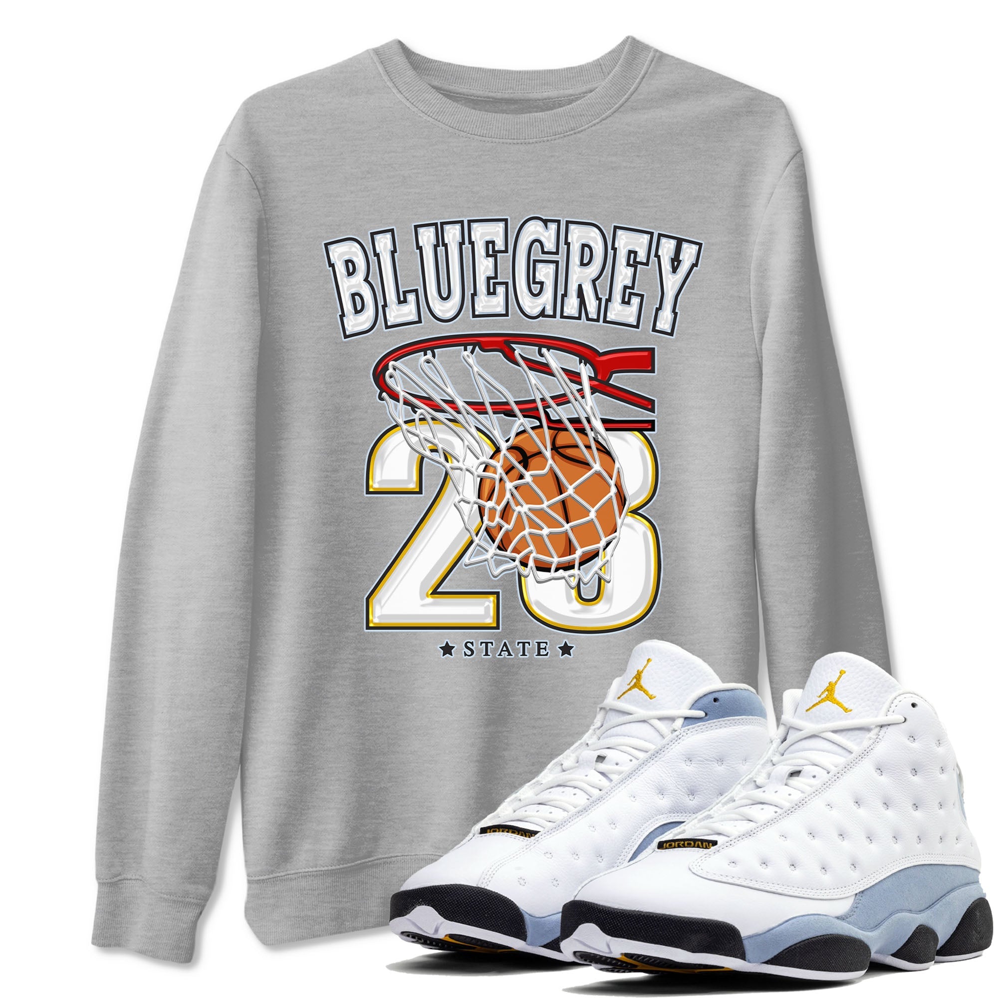 13s Blue Grey shirt to match jordans Basketball sneaker tees Air Jordan 13 Blue Grey Drip Gear Zone unisex cotton Heather Grey 1 crew neck shirt