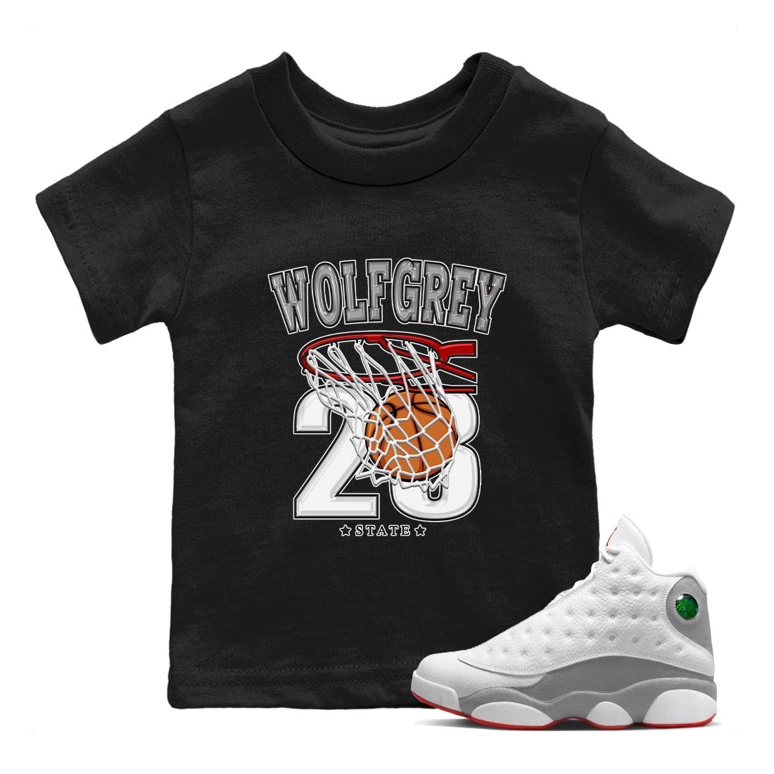 AJ13 Wolf Grey Sneaker Match Tees Basketball Streetwear Sneaker Shirt Air Jordan 13 Wolf Grey Drip Gear Zone Sneaker Matching Clothing Kids Shirts Black 1