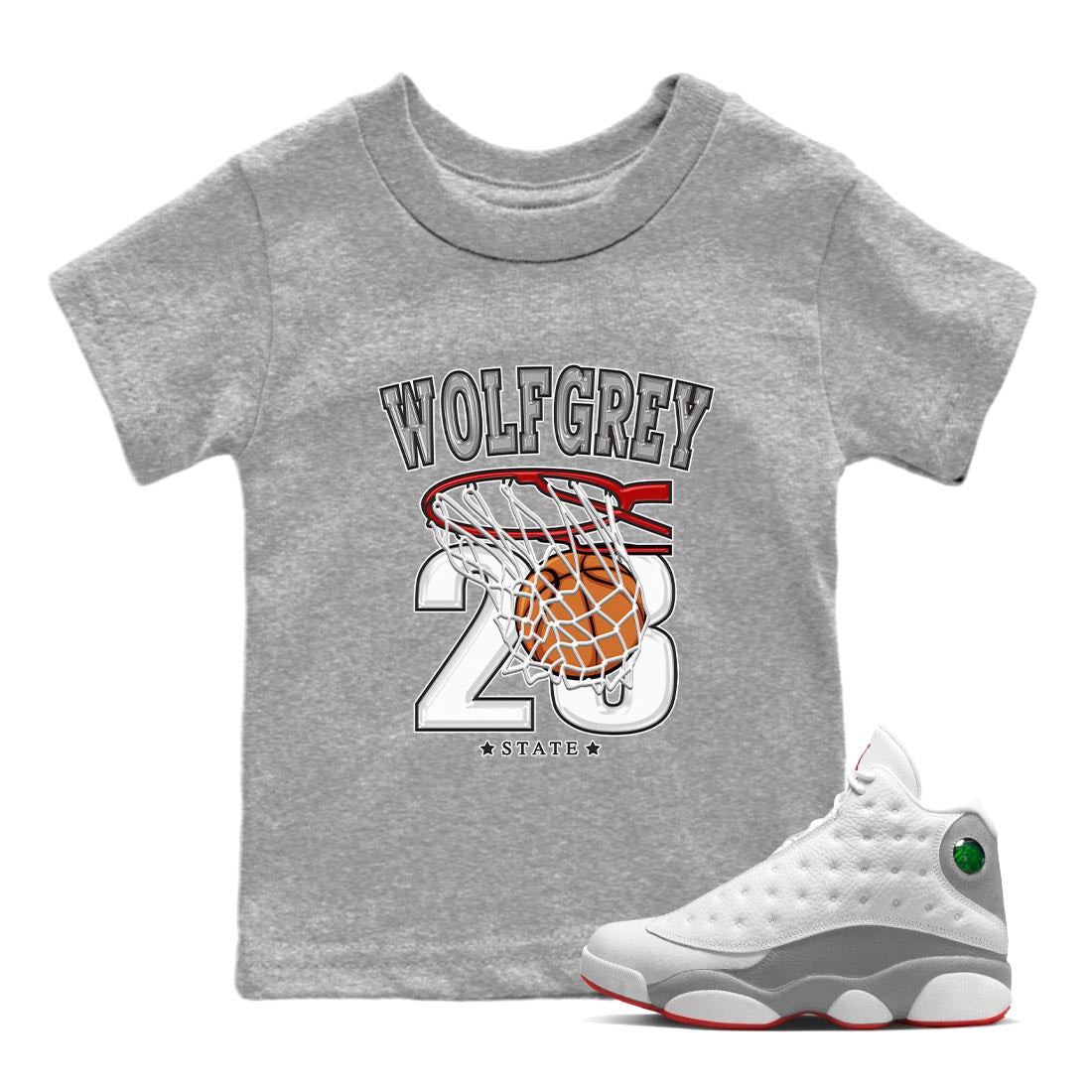 AJ13 Wolf Grey Sneaker Match Tees Basketball Streetwear Sneaker Shirt Air Jordan 13 Wolf Grey Drip Gear Zone Sneaker Matching Clothing Kids Shirts Heather Grey 1