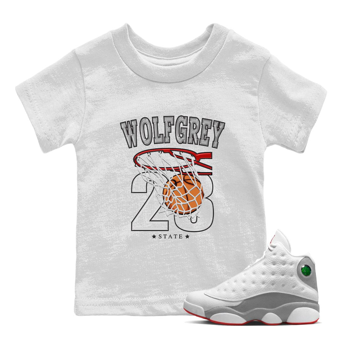 AJ13 Wolf Grey Sneaker Match Tees Basketball Streetwear Sneaker Shirt Air Jordan 13 Wolf Grey Drip Gear Zone Sneaker Matching Clothing Kids Shirts White 1