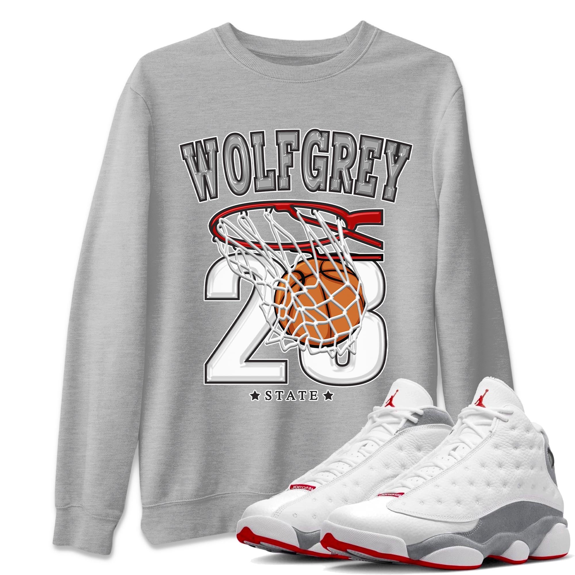 AJ13 Wolf Grey Sneaker Match Tees Basketball Streetwear Sneaker Shirt Air Jordan 13 Wolf Grey Drip Gear Zone Sneaker Matching Clothing Unisex Shirts Heather Grey 1