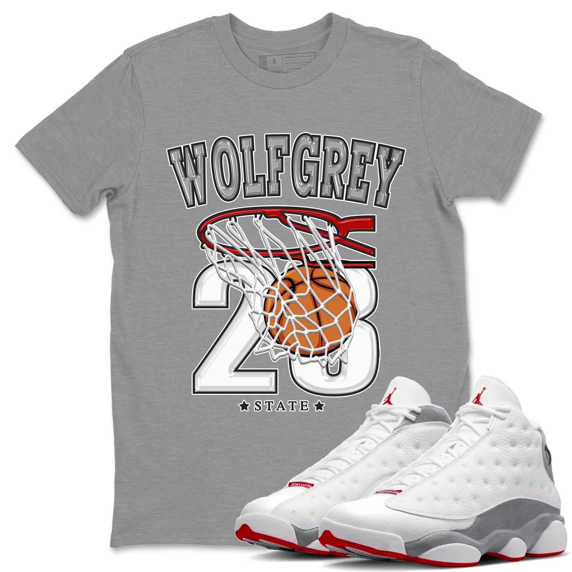 AJ13 Wolf Grey Sneaker Match Tees Basketball Streetwear Sneaker Shirt Air Jordan 13 Wolf Grey Drip Gear Zone Sneaker Matching Clothing Unisex Shirts Heather Grey 1