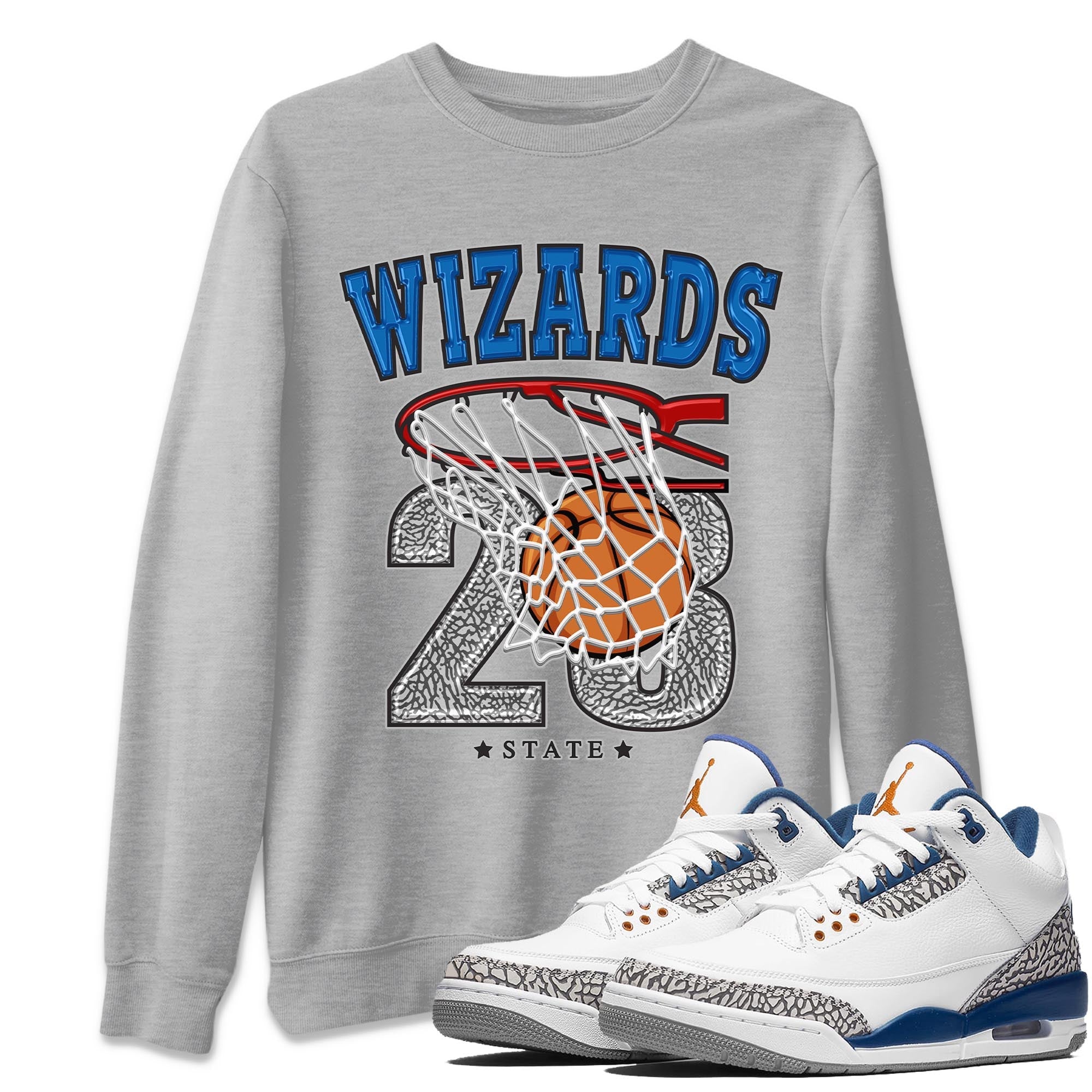 Air Jordan 3 Wizards Sneaker Match Tees Basketball Streetwear Sneaker Shirt Air Jordan 3 Wizards Sneaker Release Tees Unisex Shirts Heather Grey 1