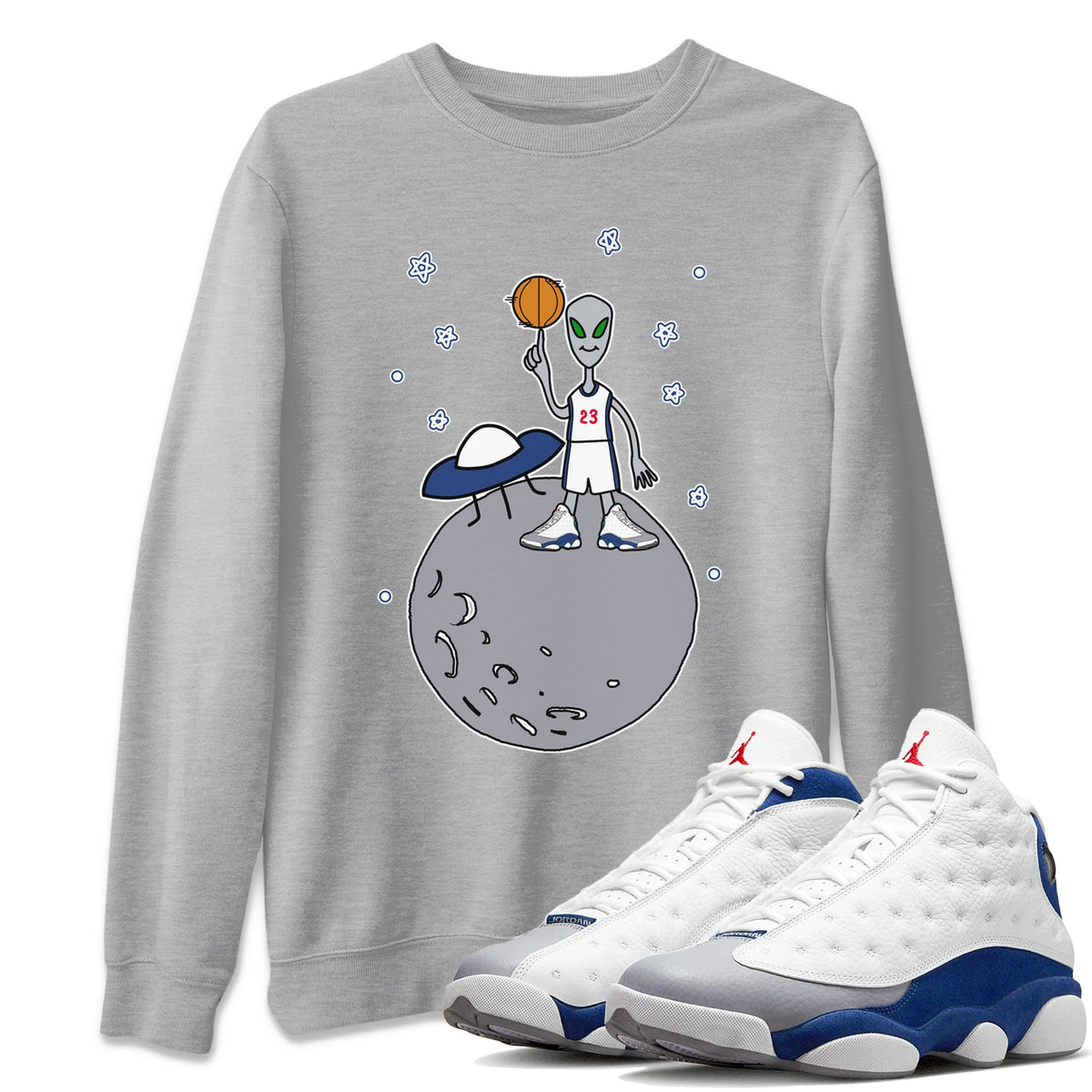 Jordan 13 French Blue Sneaker Matching T-Shirt Basketball Alien Sneaker Tees Jordan 13 French Blue Sneaker Release Tees Crew Neck Tees