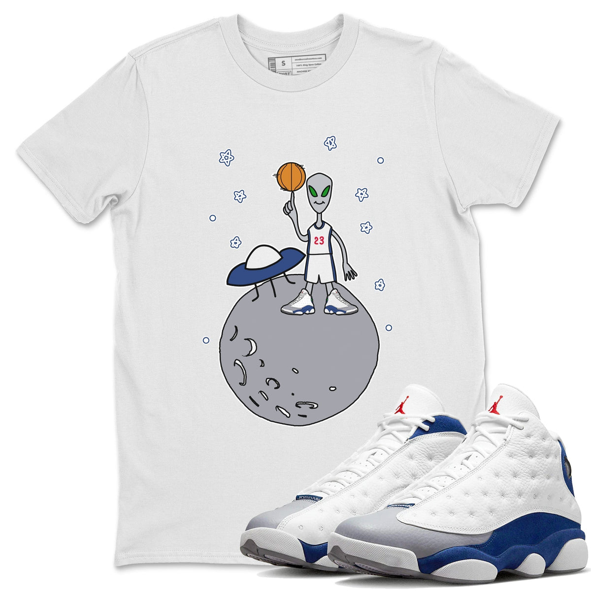 Jordan 13 French Blue Sneaker Matching T-Shirt Basketball Alien Sneaker Tees Jordan 13 French Blue Sneaker Release Tees Crew Neck Tees