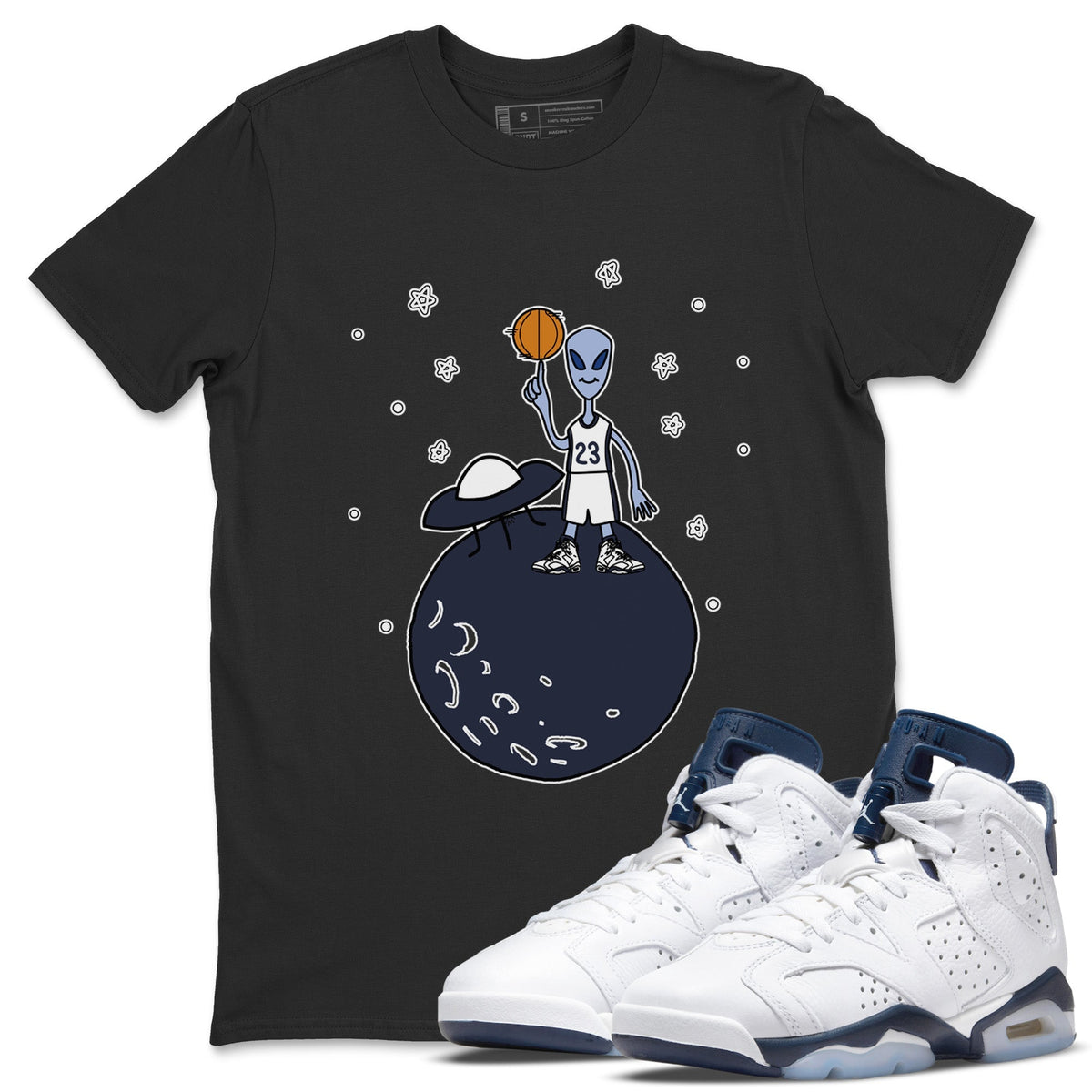 Jordan 6 Midnight Navy Sneaker Matching T-Shirt Basketball Alien Sneaker Tees Jordan 6 Midnight Navy Sneaker Release Tees Crew Neck Tees