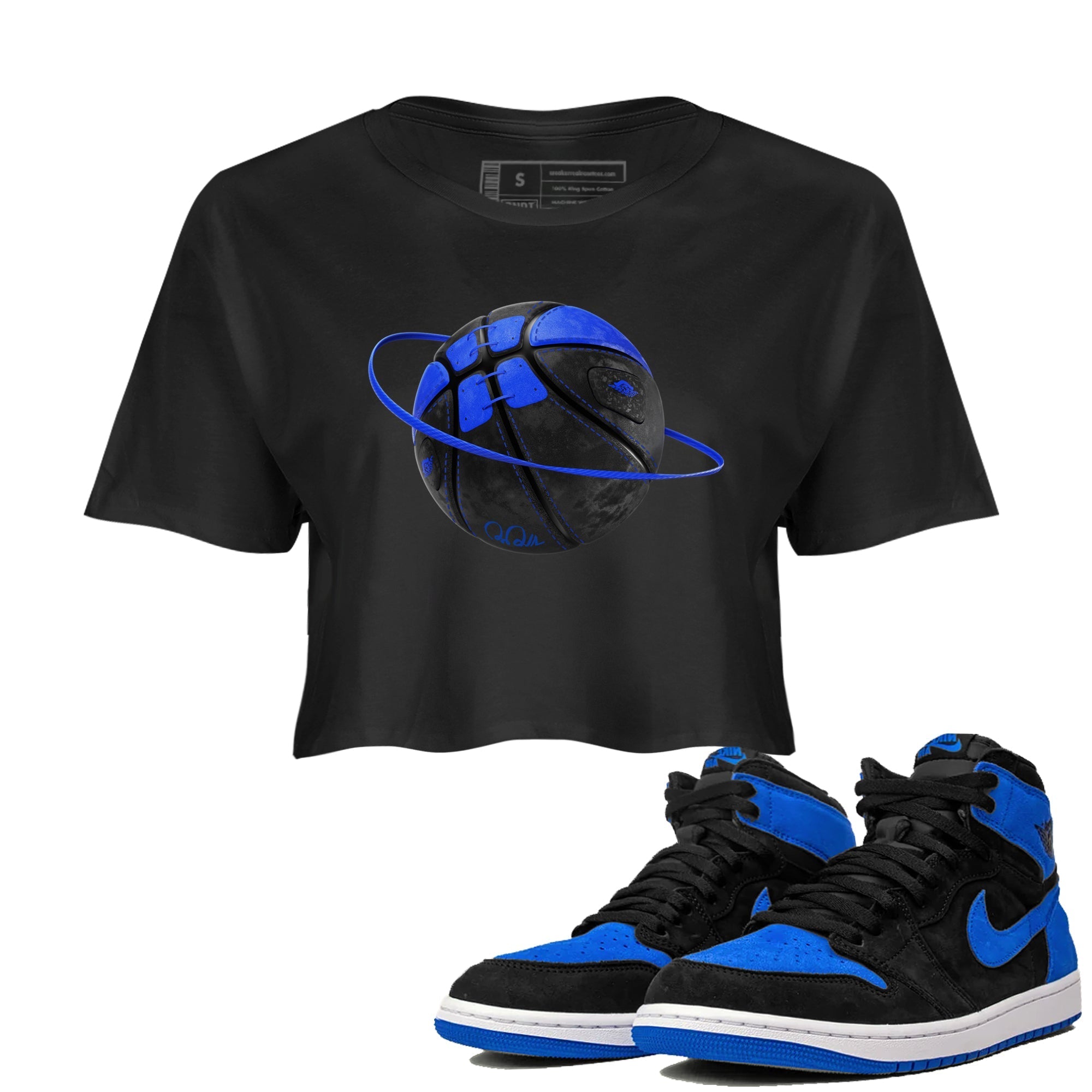 Air Jordan 1 Royal Reimagined shirt to match jordans Basketball Planet sneaker tees AJ1 OG HIGH Royal Reimagined Drip Gear Zone Black 1 Crop T-Shirt