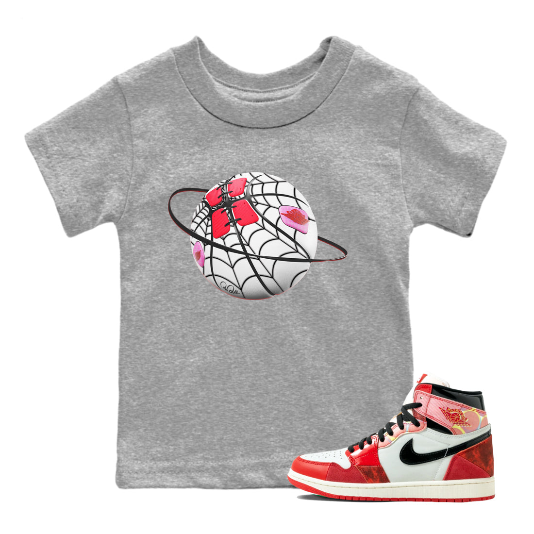 Air Jordan 1 Spider Man Sneaker Match Tees Basketball Planet Sneaker Release Tees AJ1 Spider Man Sneaker Release Tees Kids Shirts Heather Grey 1
